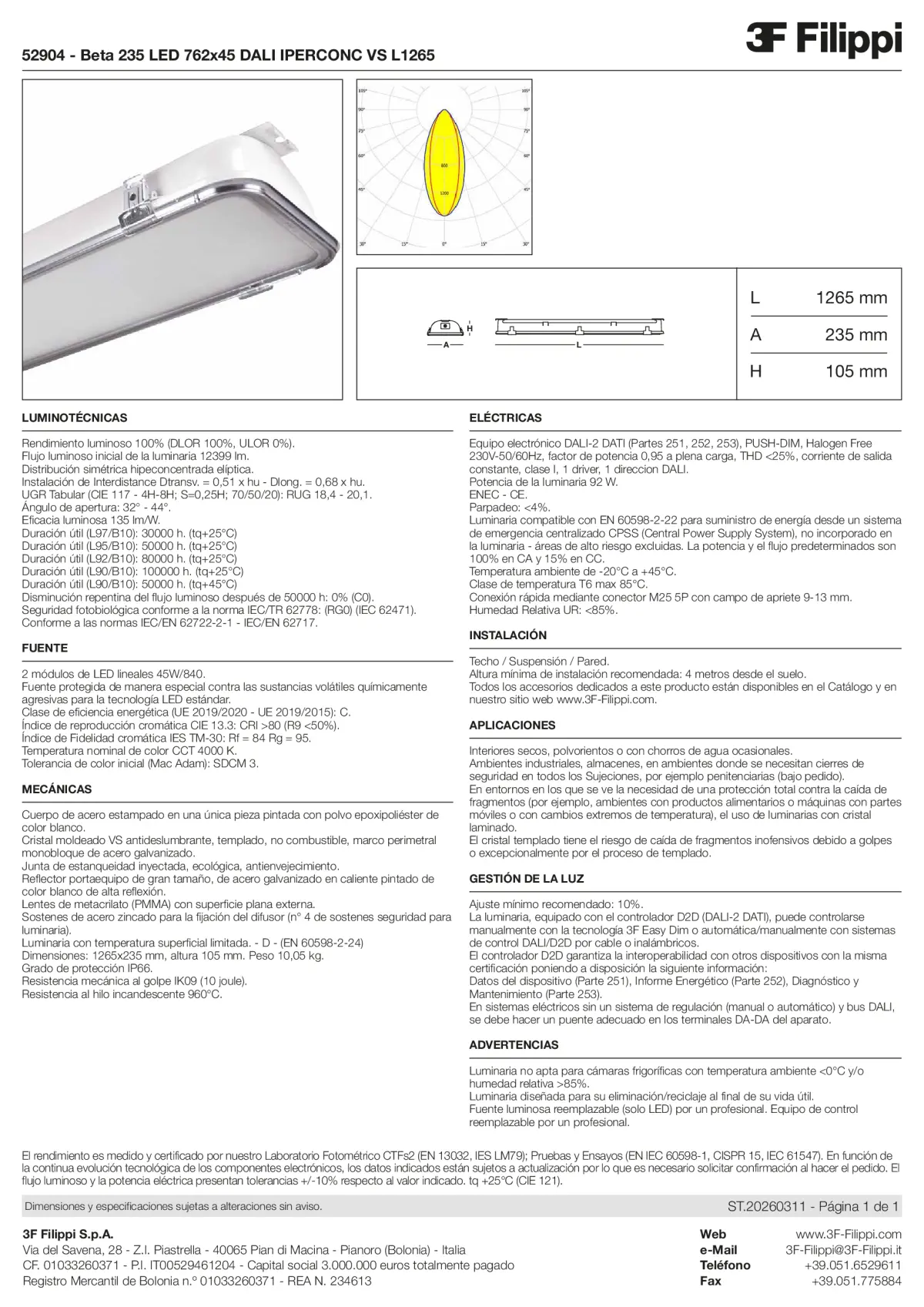 52904 - Beta 235 LED 762x45 DALI IPERCONC VS L1265 - Datasheet - es