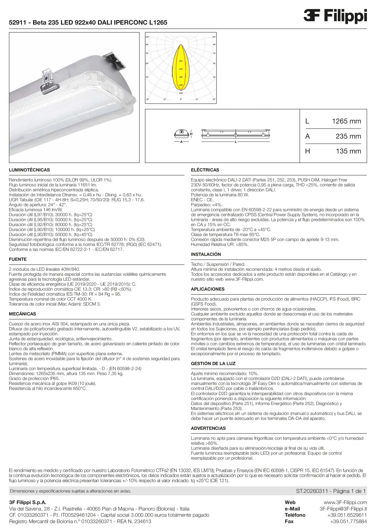 52911 - Beta 235 LED 922x40 DALI IPERCONC L1265 - Datasheet - es