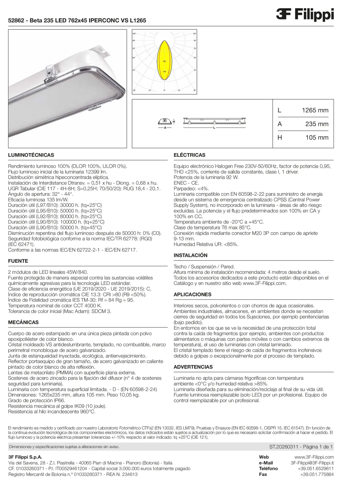 52862 - Beta 235 LED 762x45 IPERCONC VS L1265 - Datasheet - es