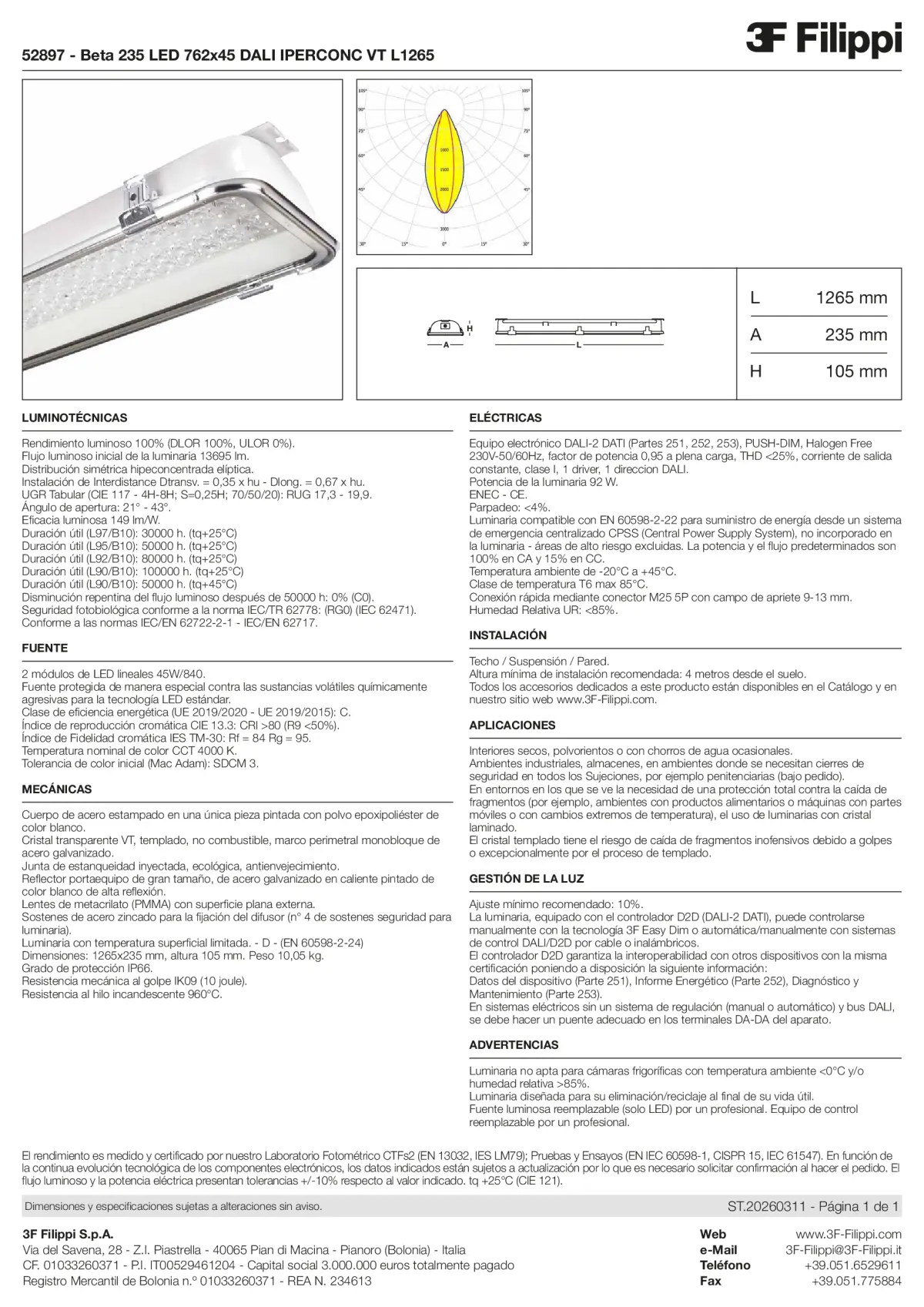 52897 - Beta 235 LED 762x45 DALI IPERCONC VT L1265 - Datasheet - es