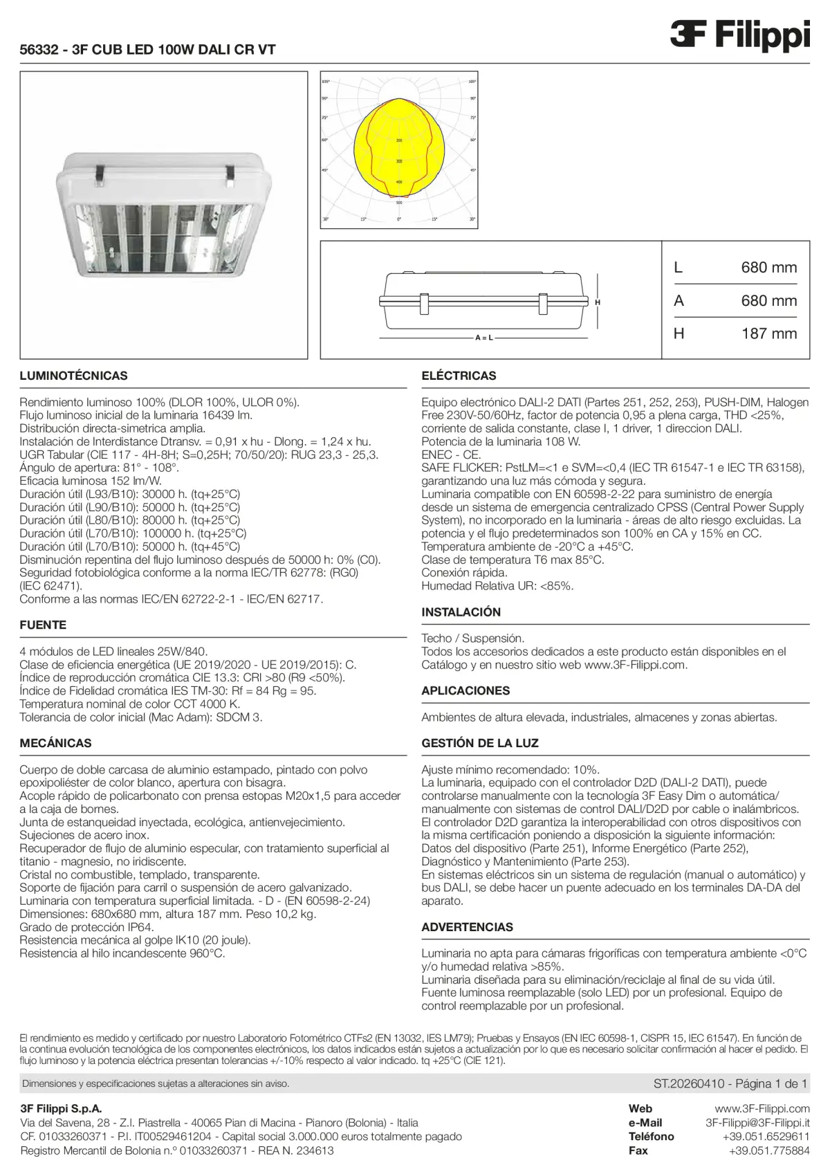56332 - 3F CUB LED 100W DALI CR VT - Datasheet - es