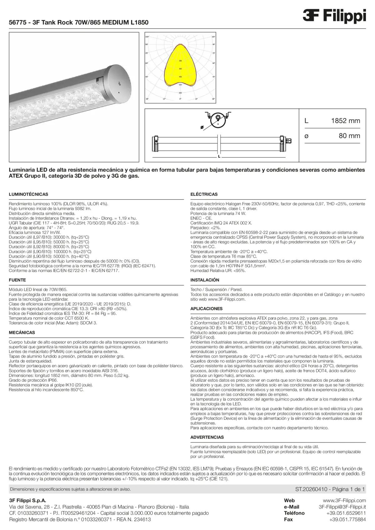 56775 - 3F Tank Rock 70W-865 MEDIUM L1850 - Datasheet - es