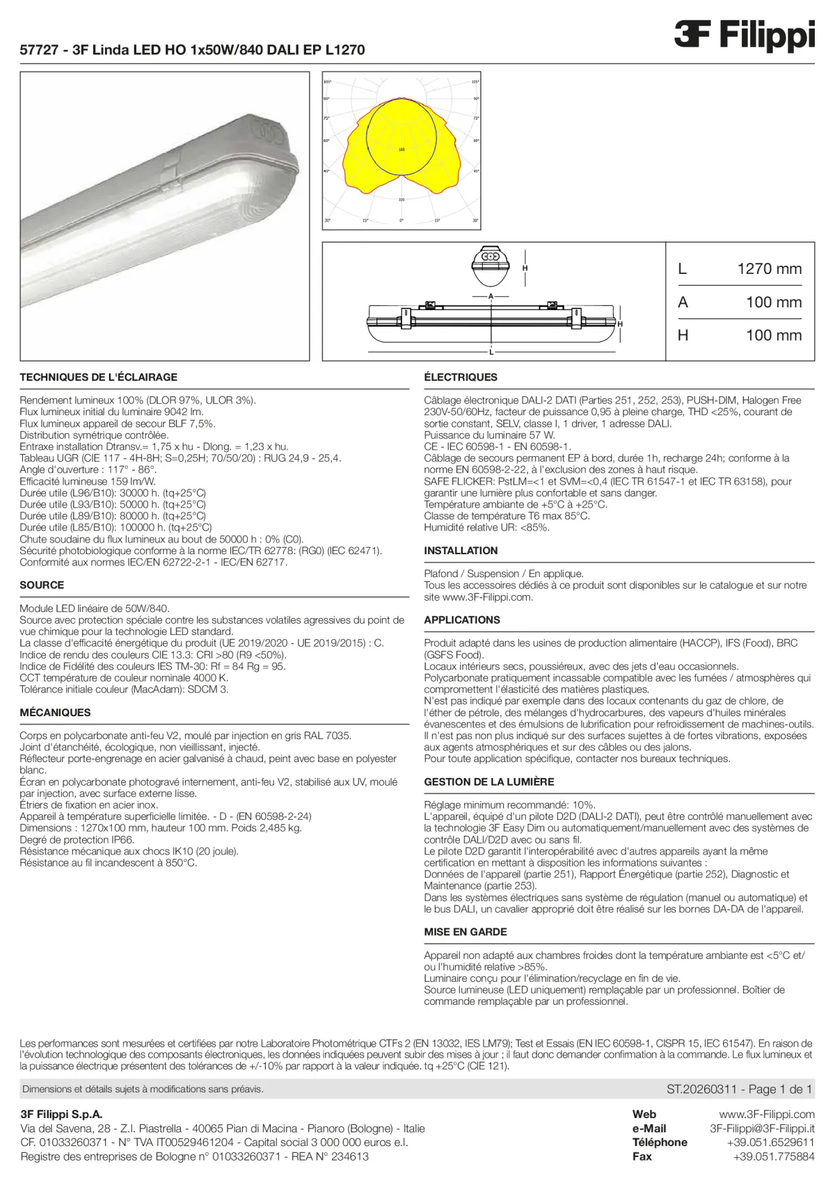 57727 - 3F Linda LED HO 1x50W-840 DALI EP L1270 - Datasheet - fr