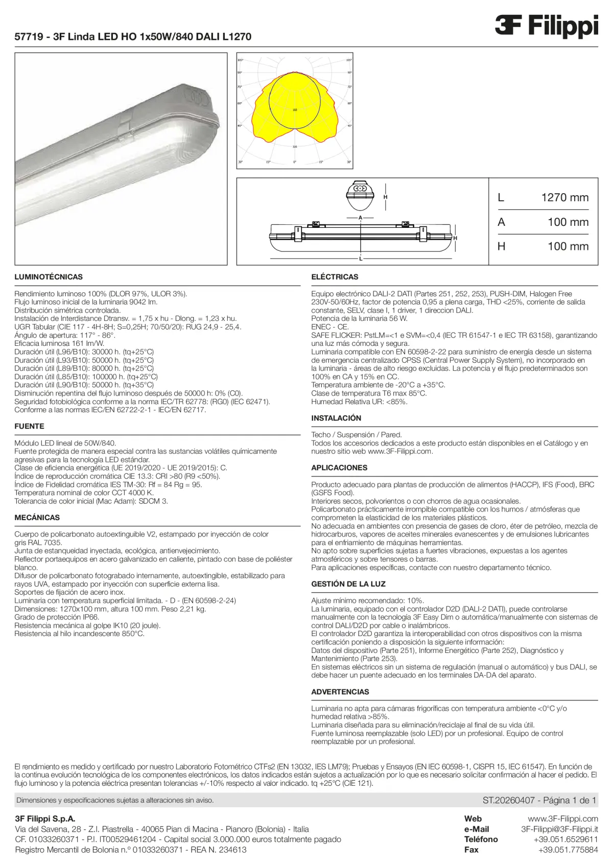 57719 - 3F Linda LED HO 1x50W-840 DALI L1270 - Datasheet - es