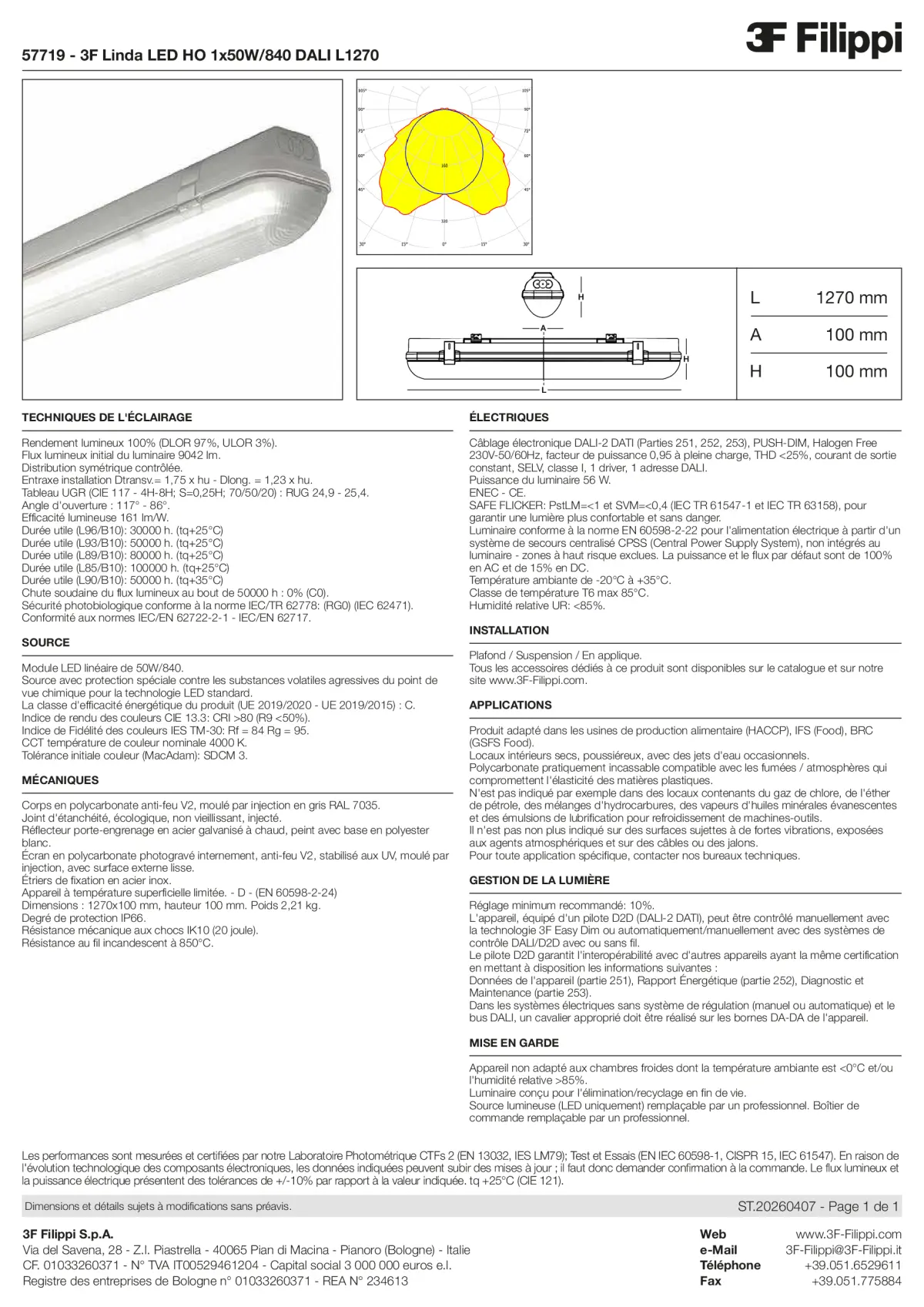 57719 - 3F Linda LED HO 1x50W-840 DALI L1270 - Datasheet - fr