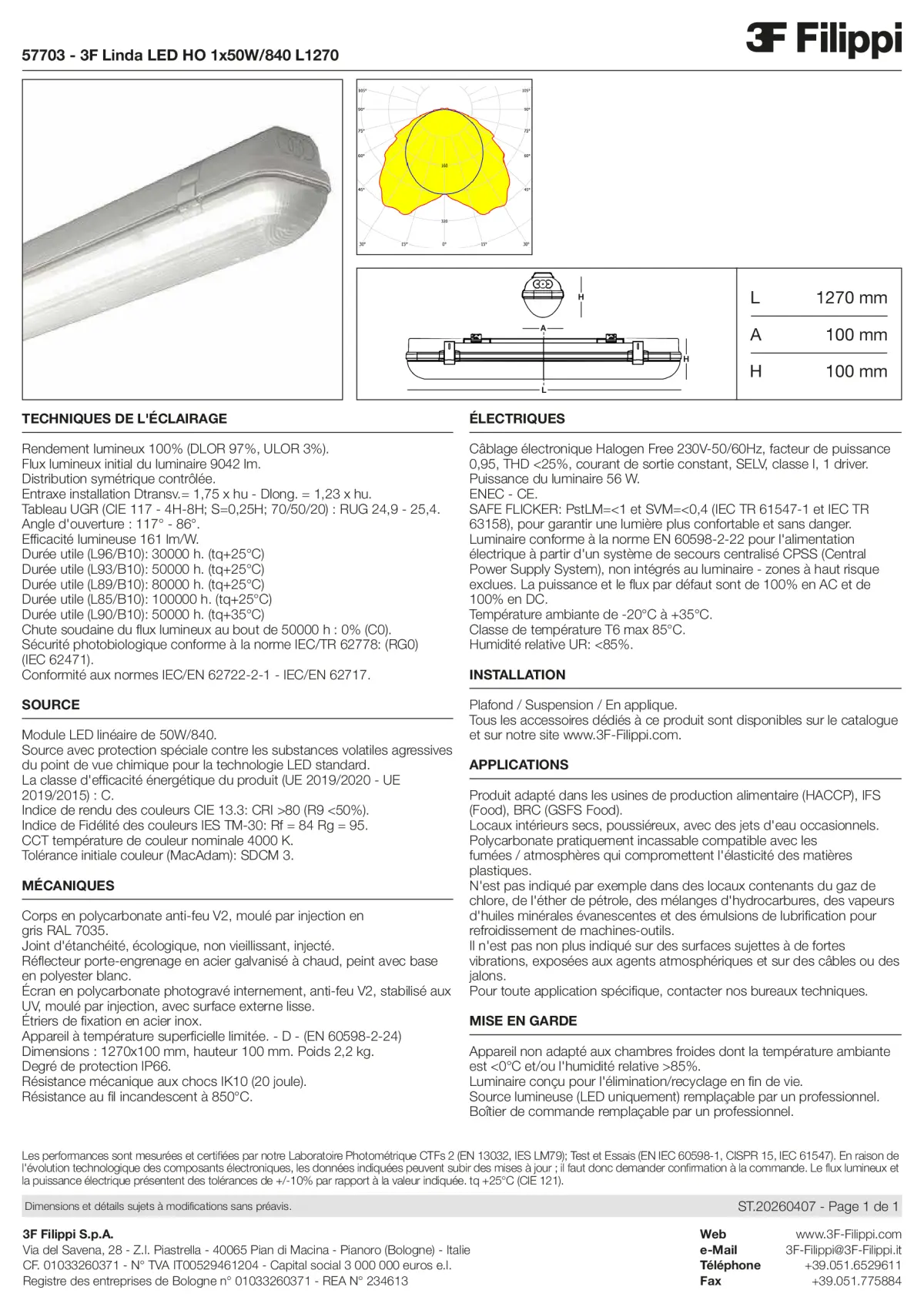 57703 - 3F Linda LED HO 1x50W-840 L1270 - Datasheet - fr