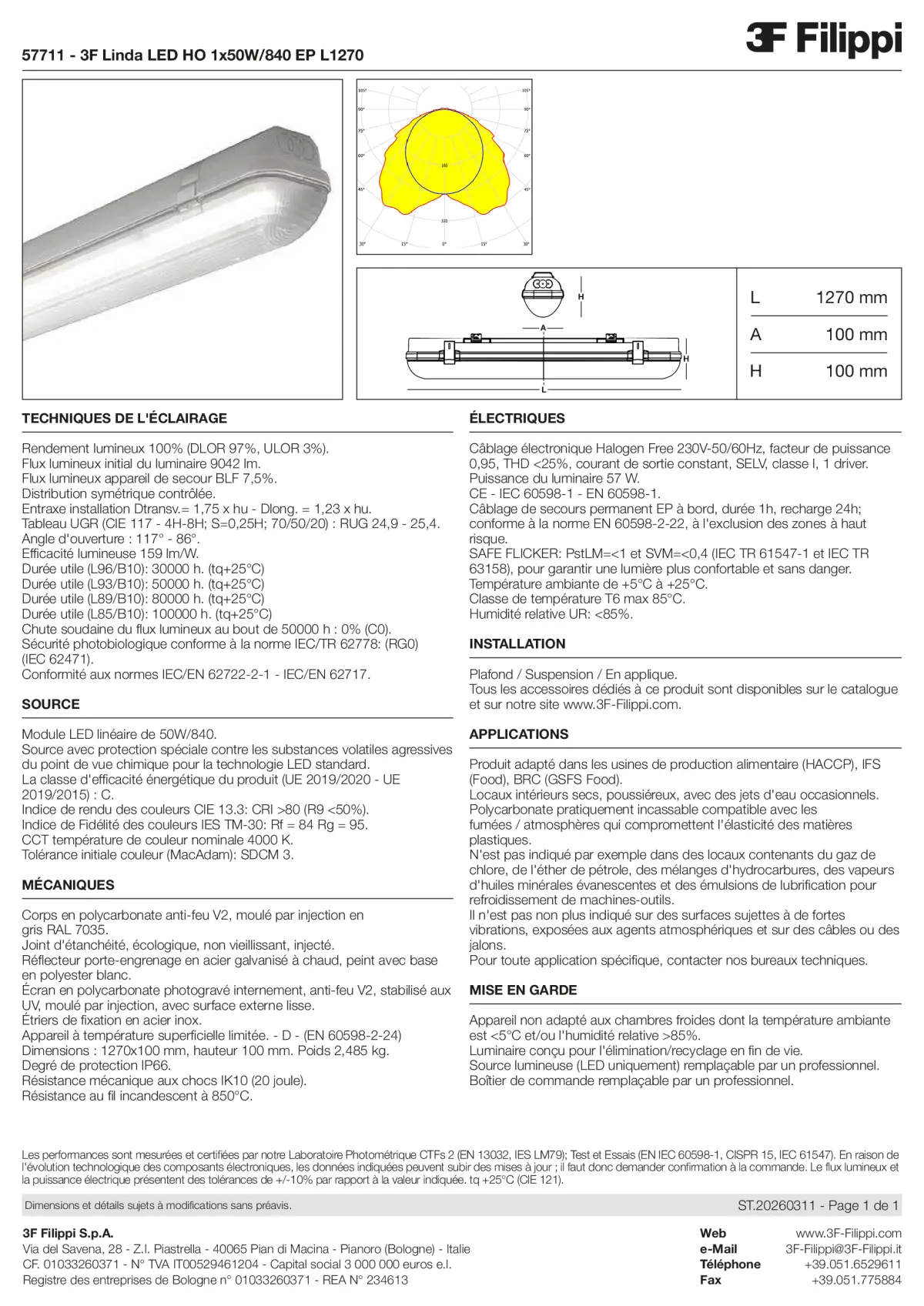 57711 - 3F Linda LED HO 1x50W-840 EP L1270 - Datasheet - fr