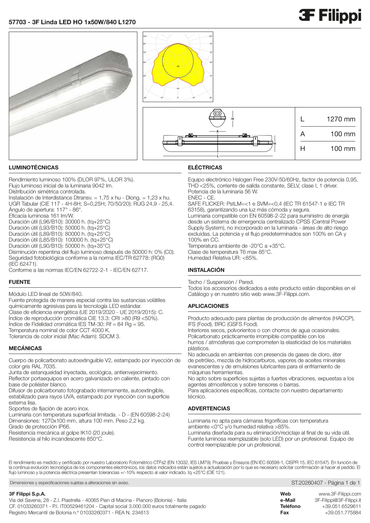 57703 - 3F Linda LED HO 1x50W-840 L1270 - Datasheet - es