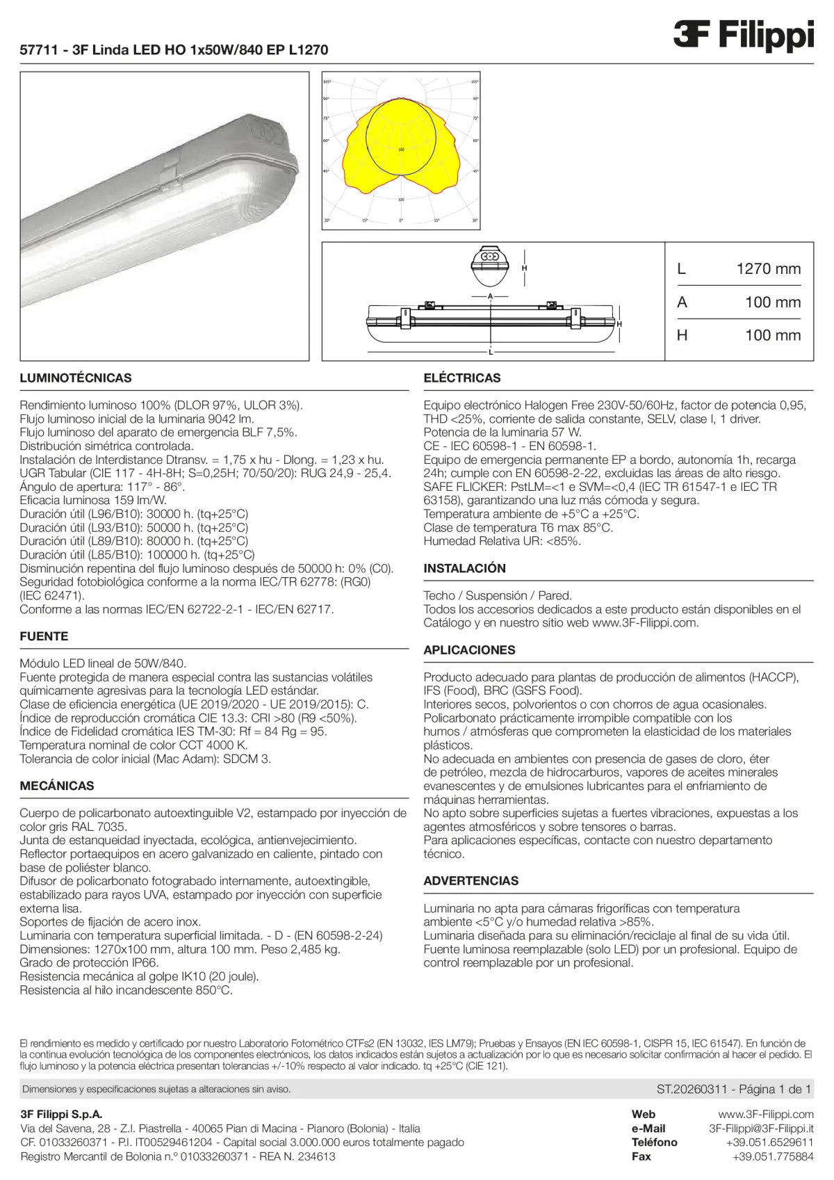 57711 - 3F Linda LED HO 1x50W-840 EP L1270 - Datasheet - es