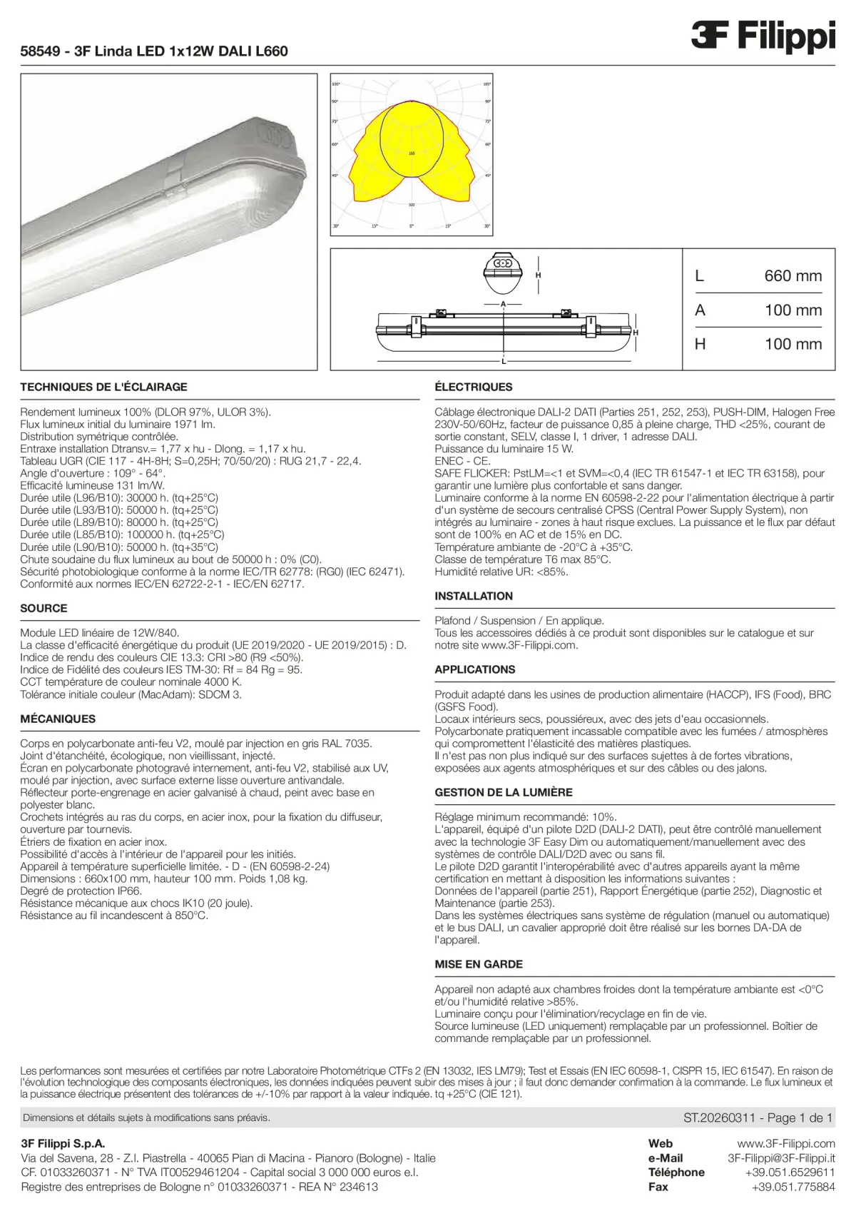 58549 - 3F Linda LED 1x12W DALI L660 - Datasheet - fr