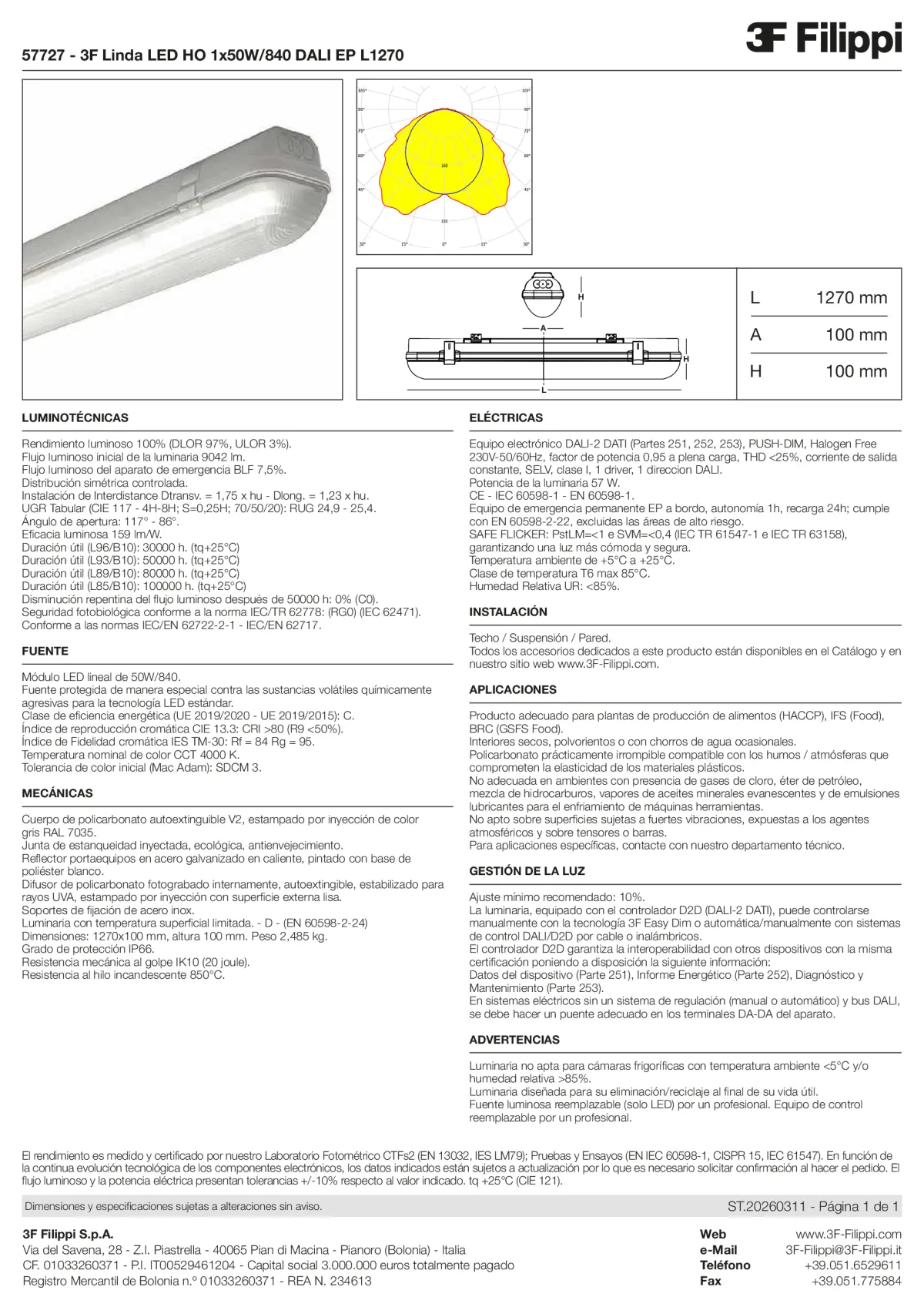 57727 - 3F Linda LED HO 1x50W-840 DALI EP L1270 - Datasheet - es