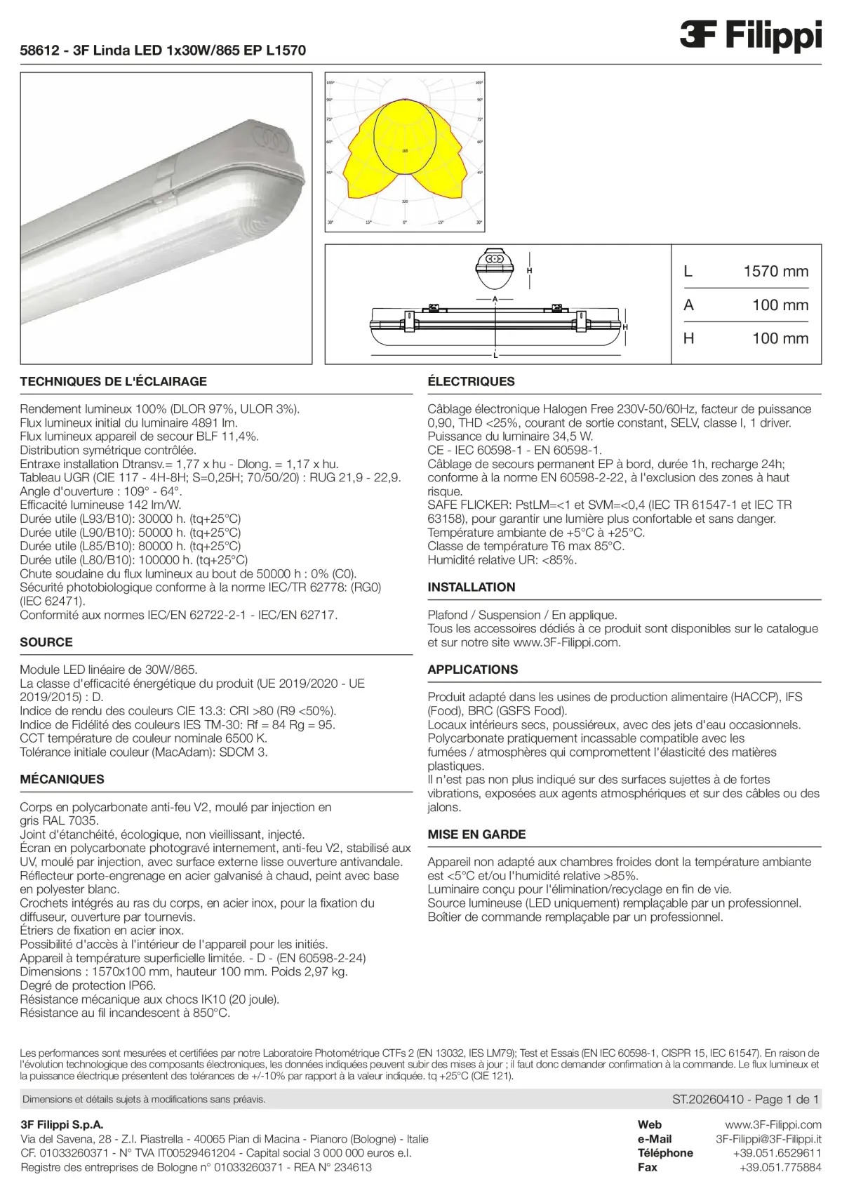 58612 - 3F Linda LED 1x30W-865 EP L1570 - Datasheet - fr