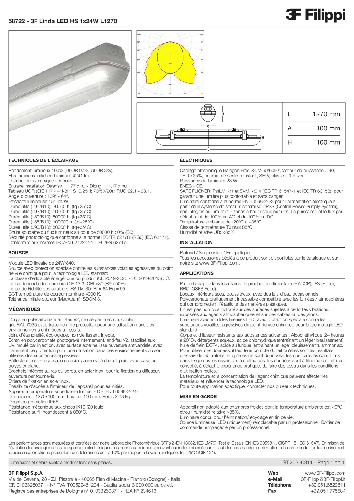 58722 - 3F Linda LED HS 1x24W L1270 - Datasheet - fr