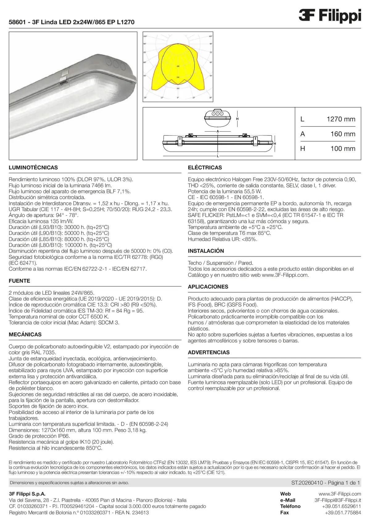 58601 - 3F Linda LED 2x24W-865 EP L1270 - Datasheet - es