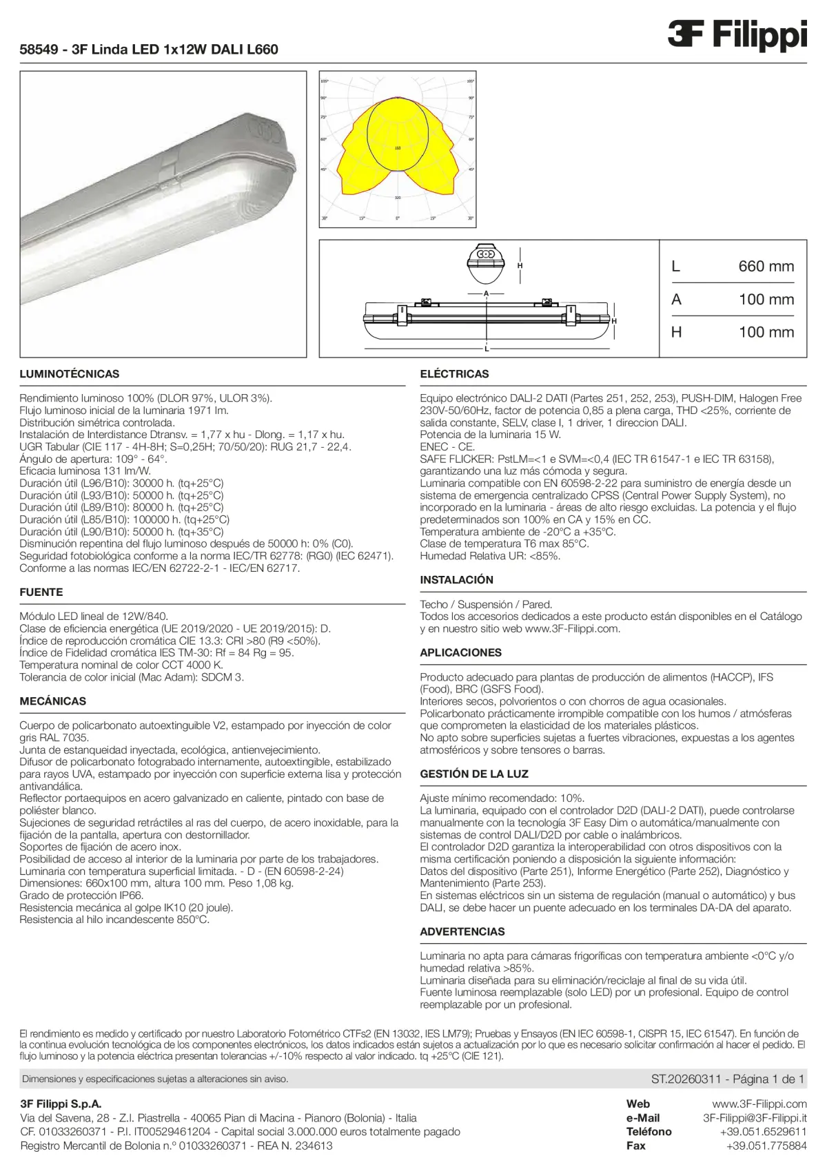 58549 - 3F Linda LED 1x12W DALI L660 - Datasheet - es