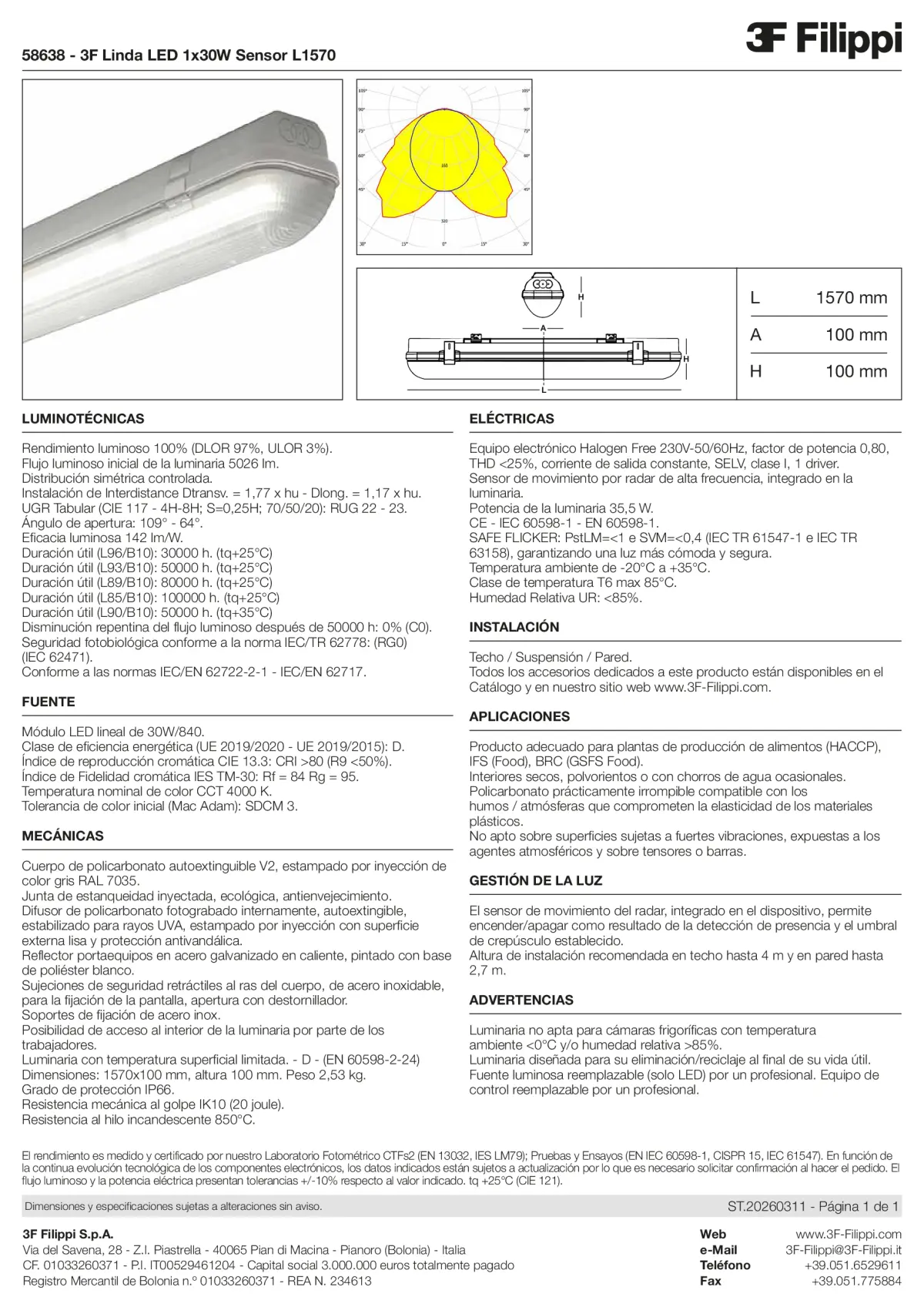 58638 - 3F Linda LED 1x30W Sensor L1570 - Datasheet - es