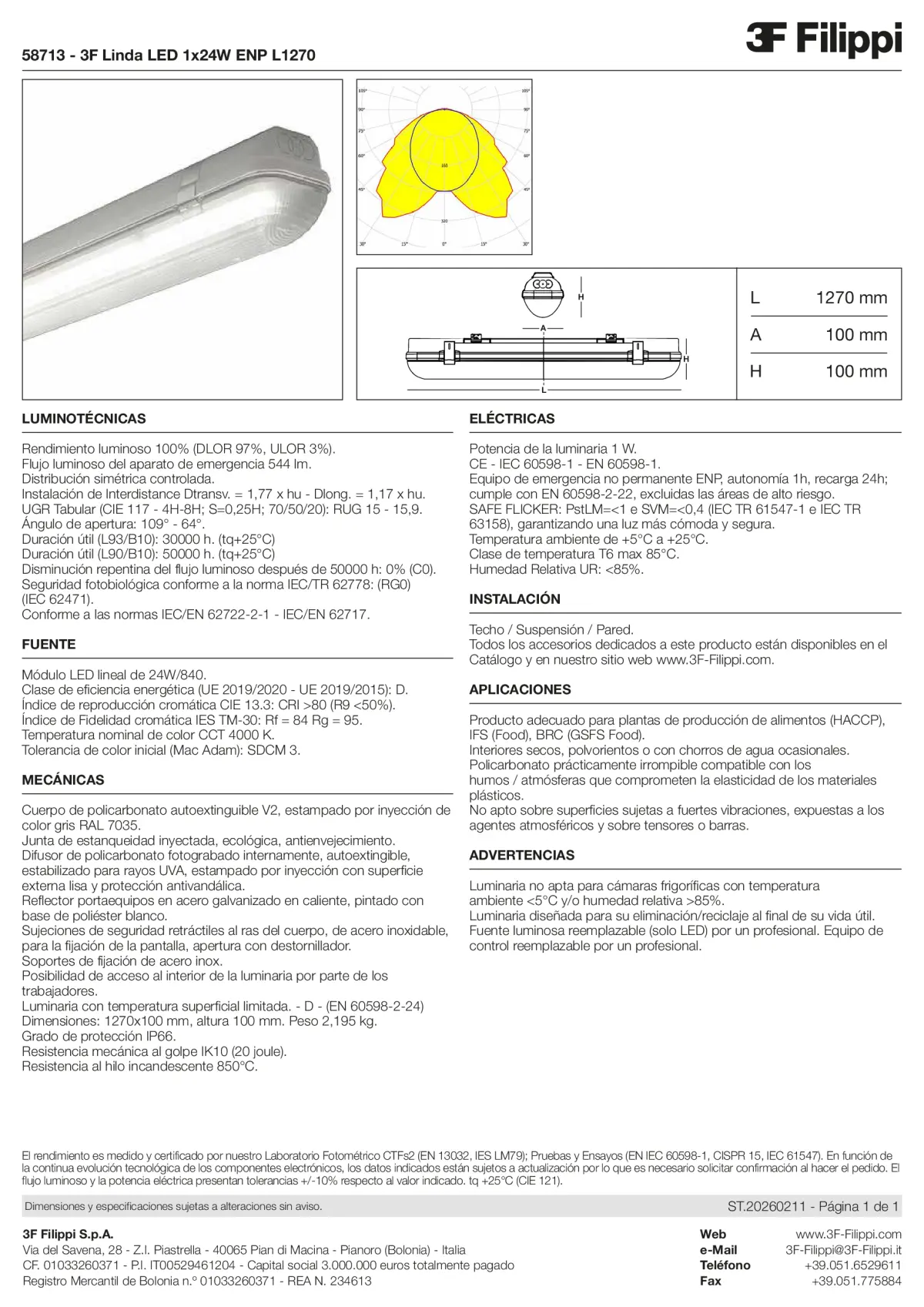 58713 - 3F Linda LED 1x24W ENP L1270 - Datasheet - es