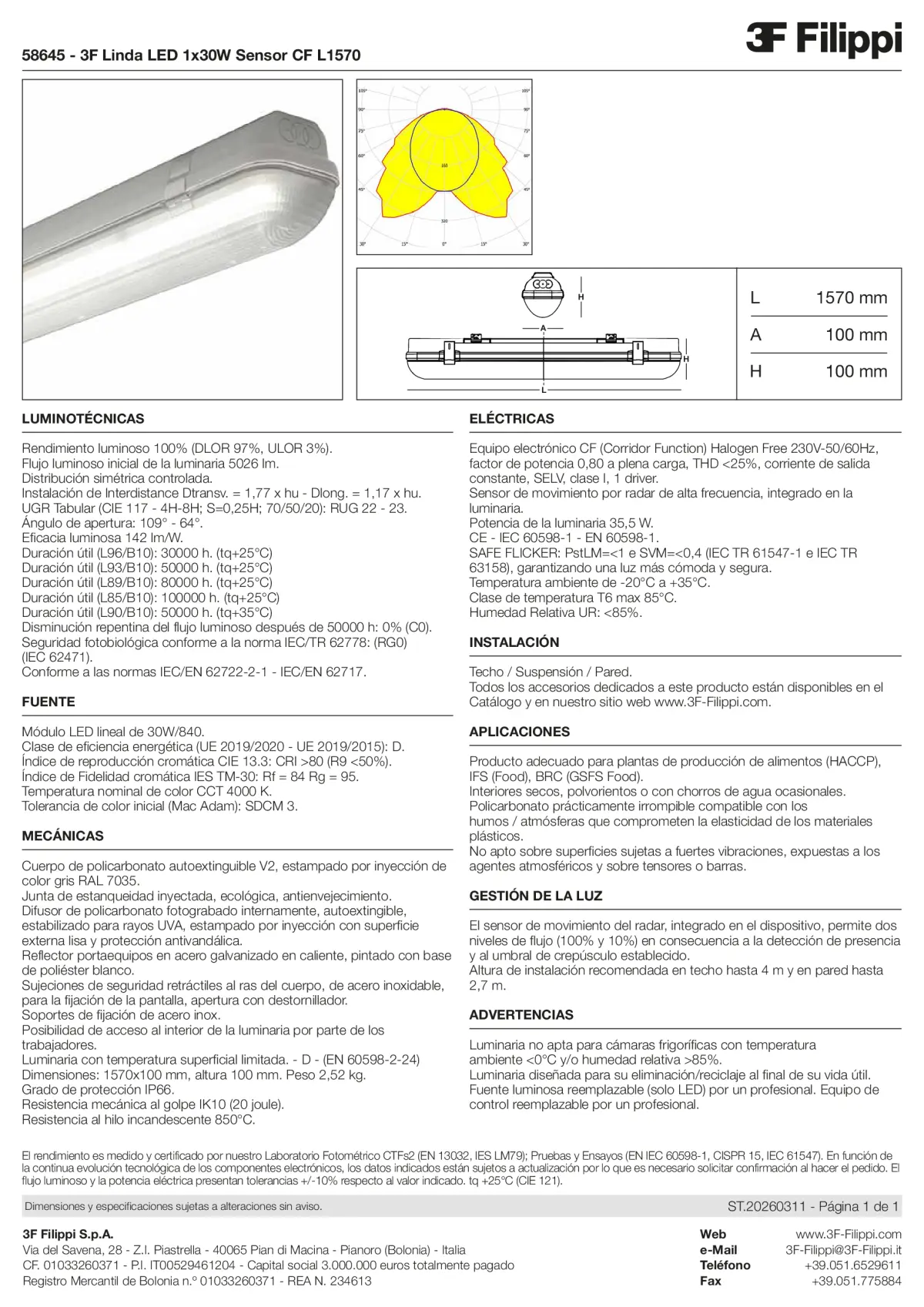 58645 - 3F Linda LED 1x30W Sensor CF L1570 - Datasheet - es