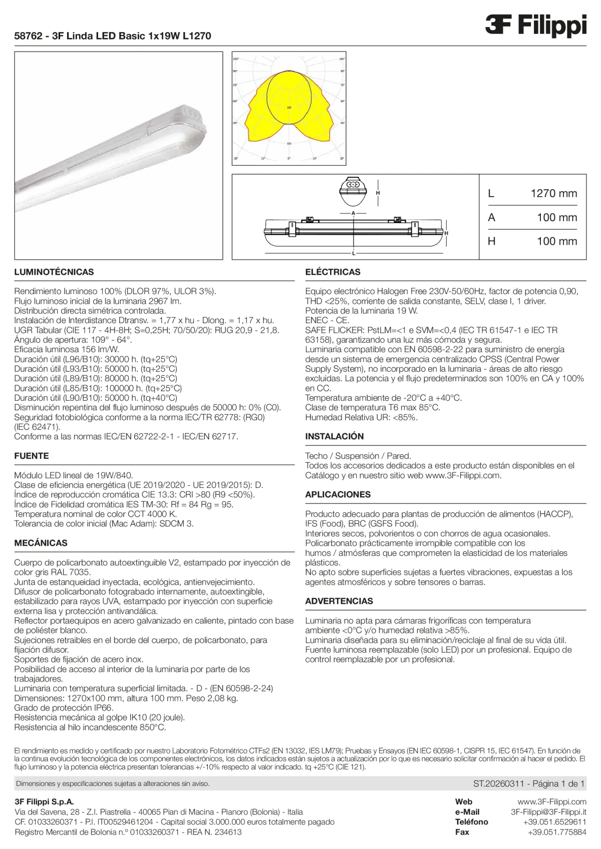 58762 - 3F Linda LED Basic 1x19W L1270 - Datasheet - es
