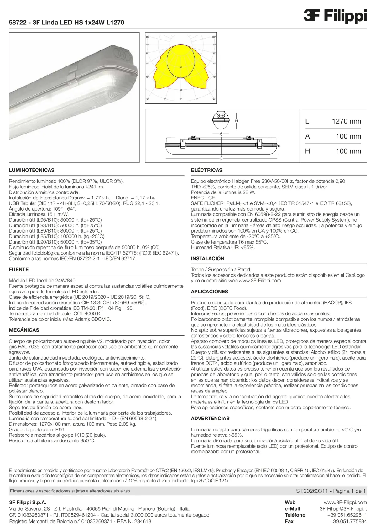 58722 - 3F Linda LED HS 1x24W L1270 - Datasheet - es
