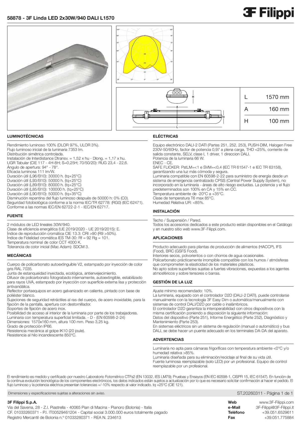 58878 - 3F Linda LED 2x30W-940 DALI L1570 - Datasheet - es