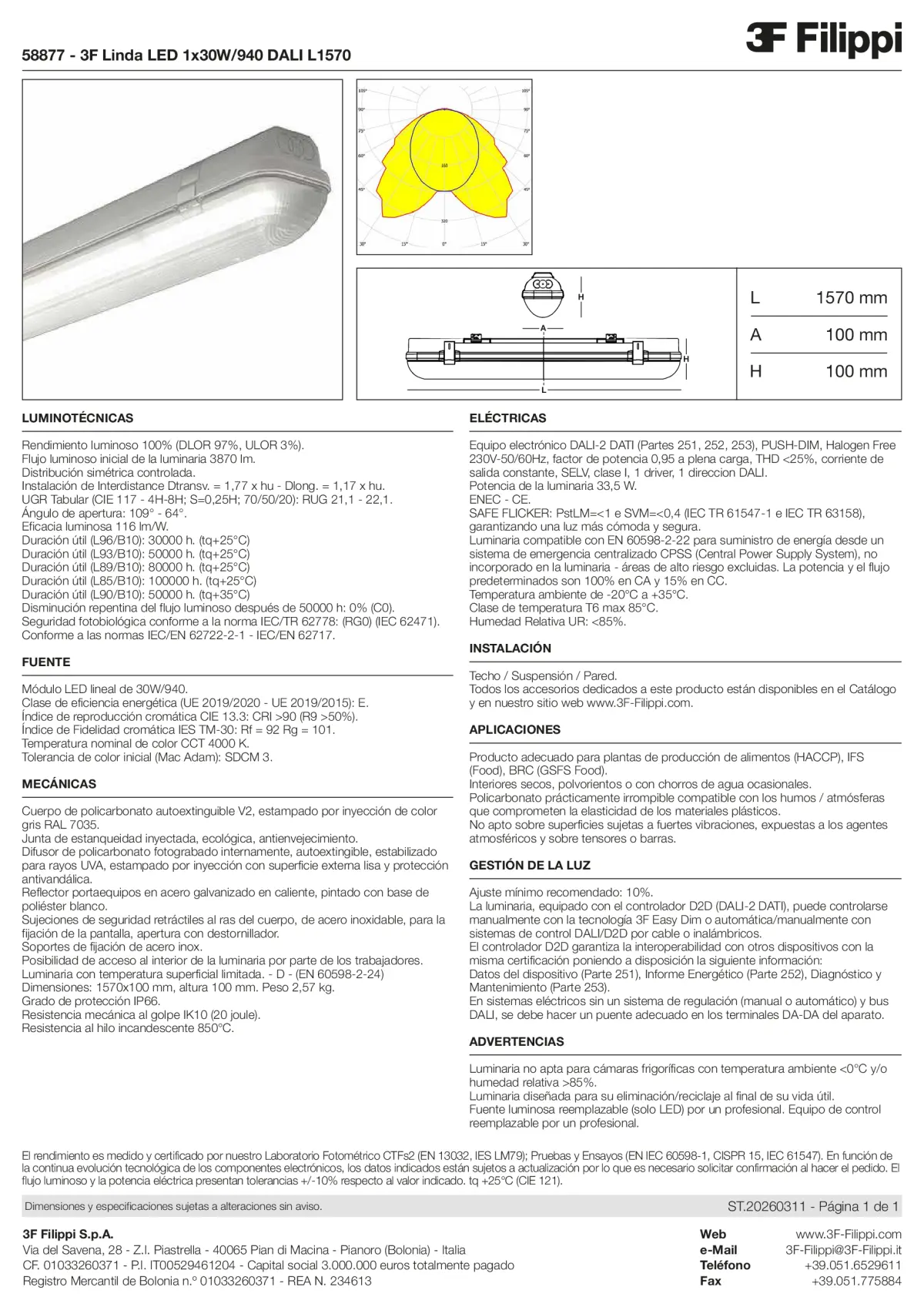 58877 - 3F Linda LED 1x30W-940 DALI L1570 - Datasheet - es