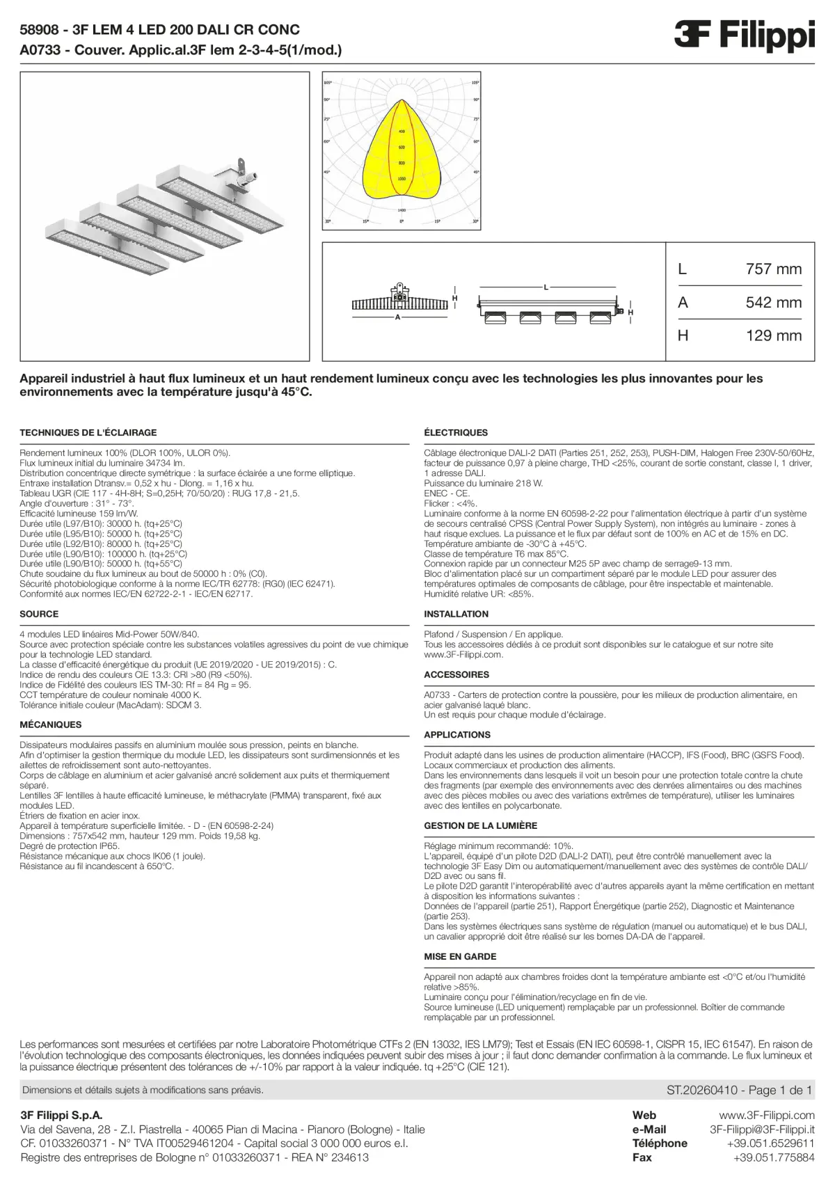 58908+A0733 - 3F LEM 4 LED 200 DALI CR CONC + FOOD - Datasheet - fr