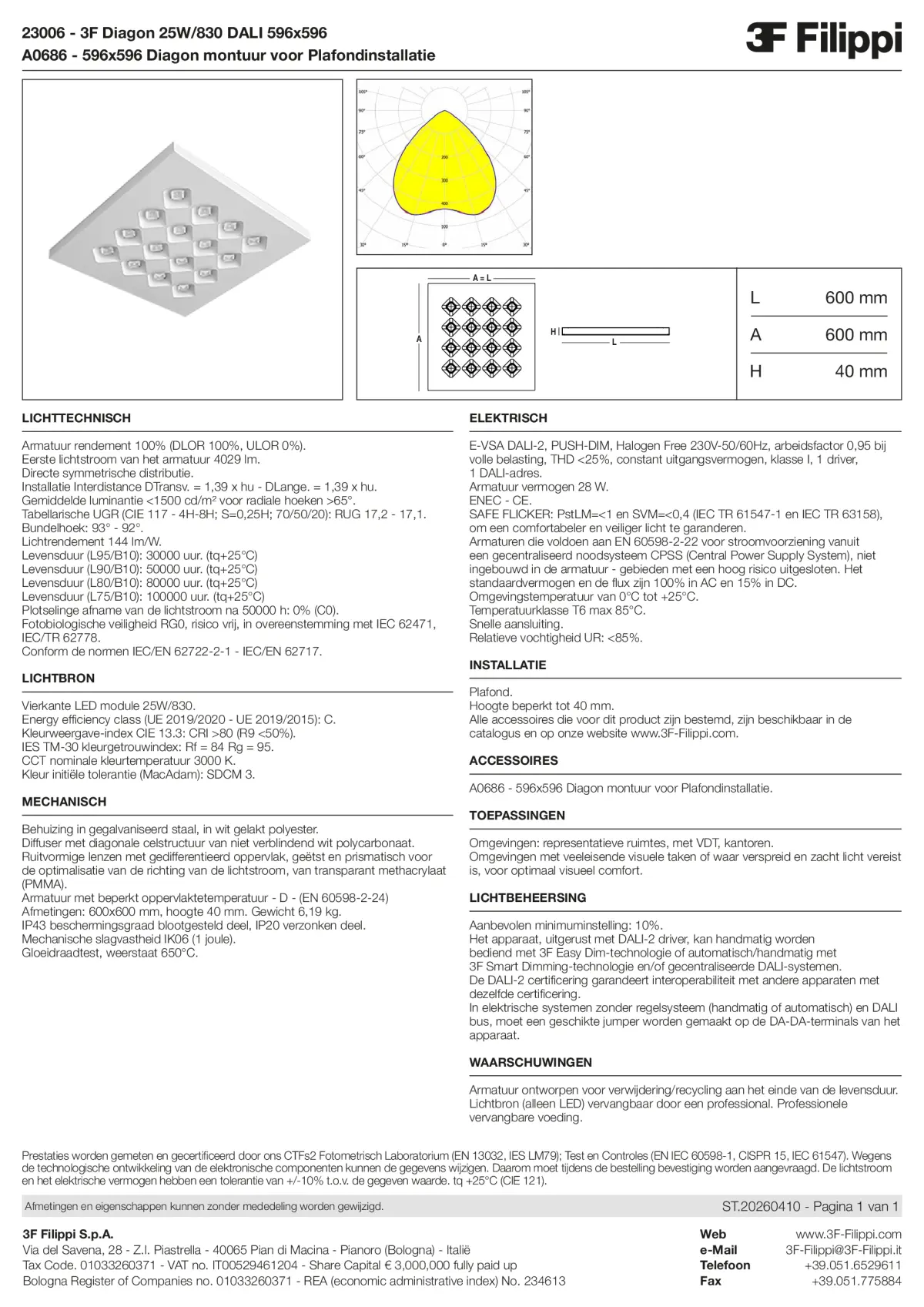 23006+A0686 - 3F Diagon 25W-830 DALI 596x596 + Corn.plaf. - Datasheet - nl