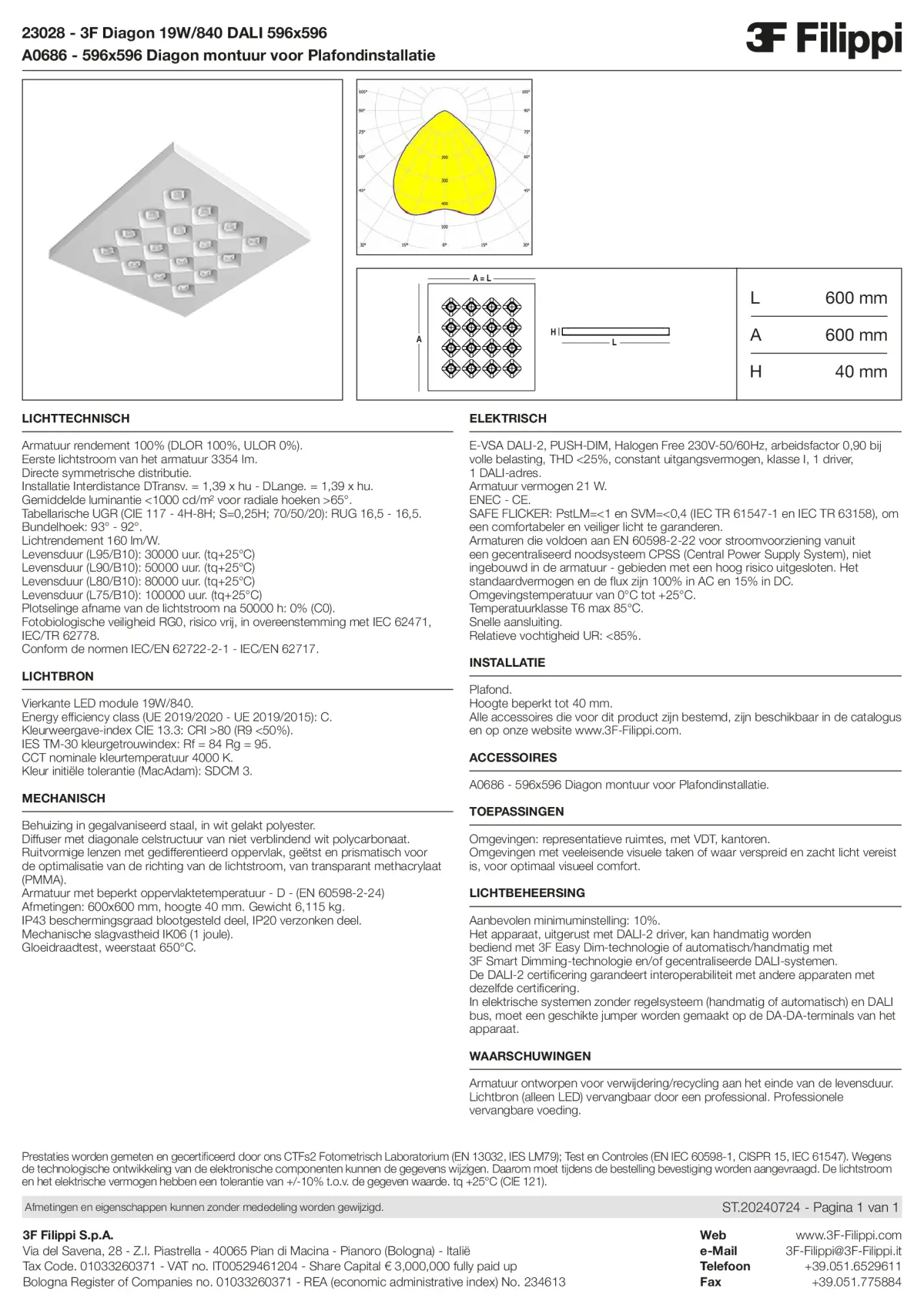 23028+A0686 - 3F Diagon 19W-840 DALI 596x596 + Corn.plaf. - Datasheet - nl