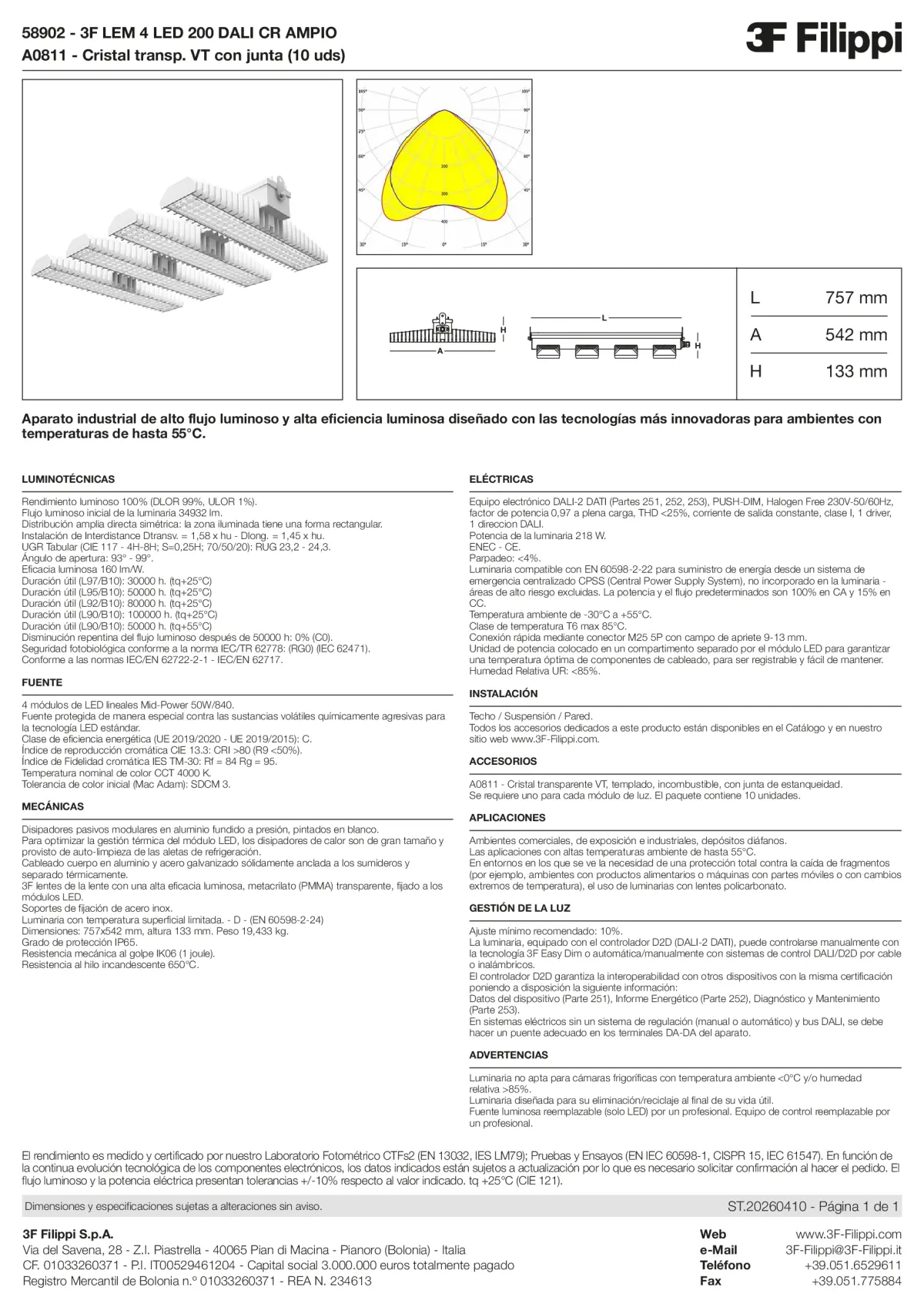 58902+A0811 - 3F LEM 4 LED 200 DALI CR AMPIO + VT - Datasheet - es
