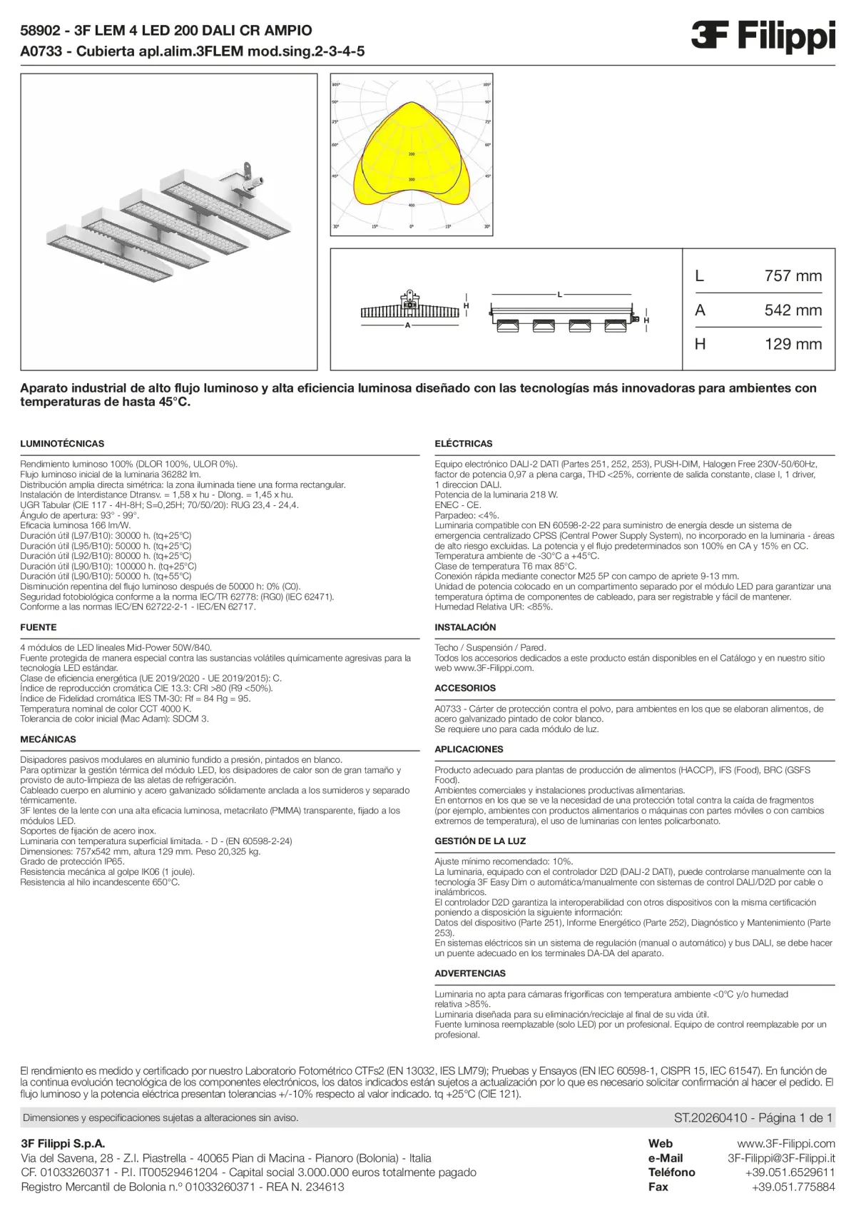 58902+A0733 - 3F LEM 4 LED 200 DALI CR AMPIO + FOOD - Datasheet - es