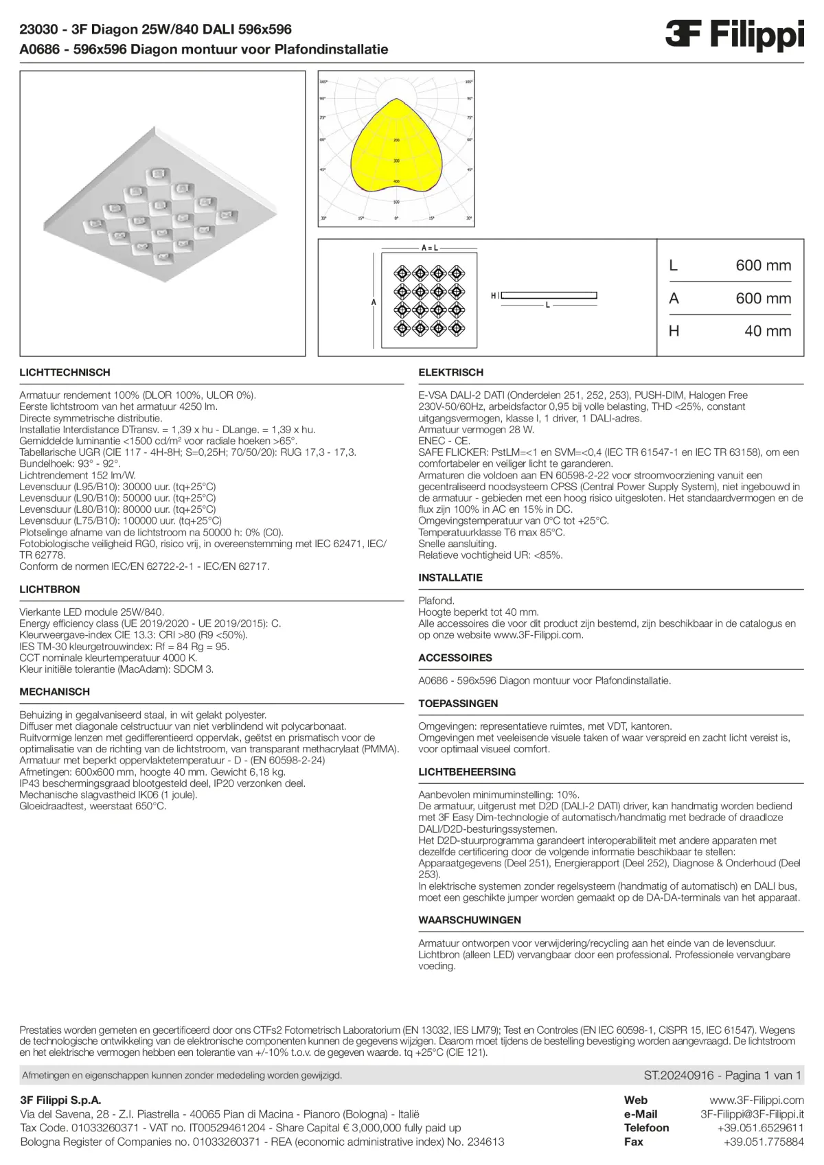 23030+A0686 - 3F Diagon 25W-840 DALI 596x596 + Corn.plaf. - Datasheet - nl