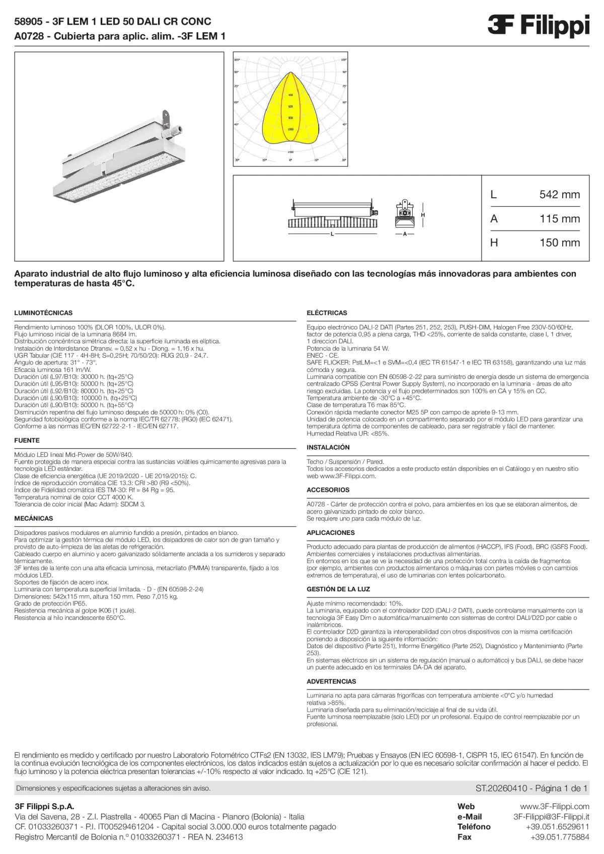 58905+A0728 - 3F LEM 1 LED 50 DALI CR CONC + FOOD - Datasheet - es