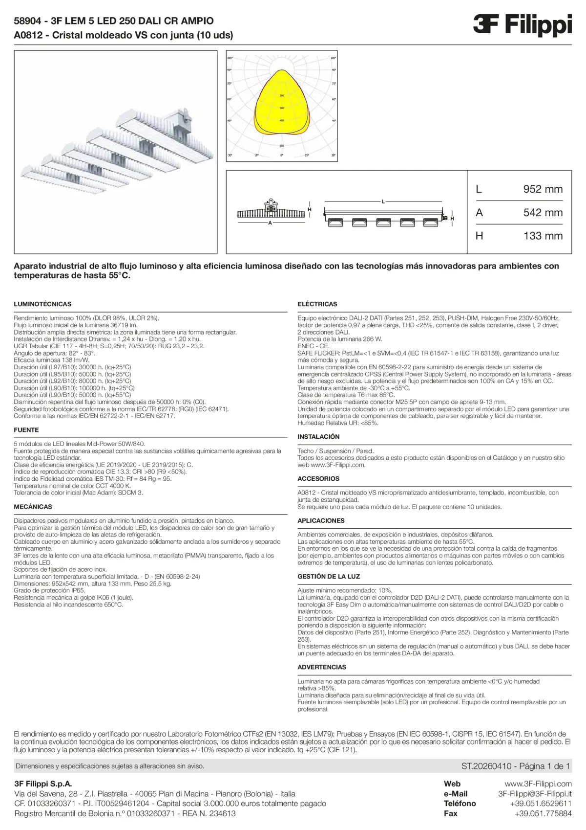 58904+A0812 - 3F LEM 5 LED 250 DALI CR AMPIO + VS - Datasheet - es