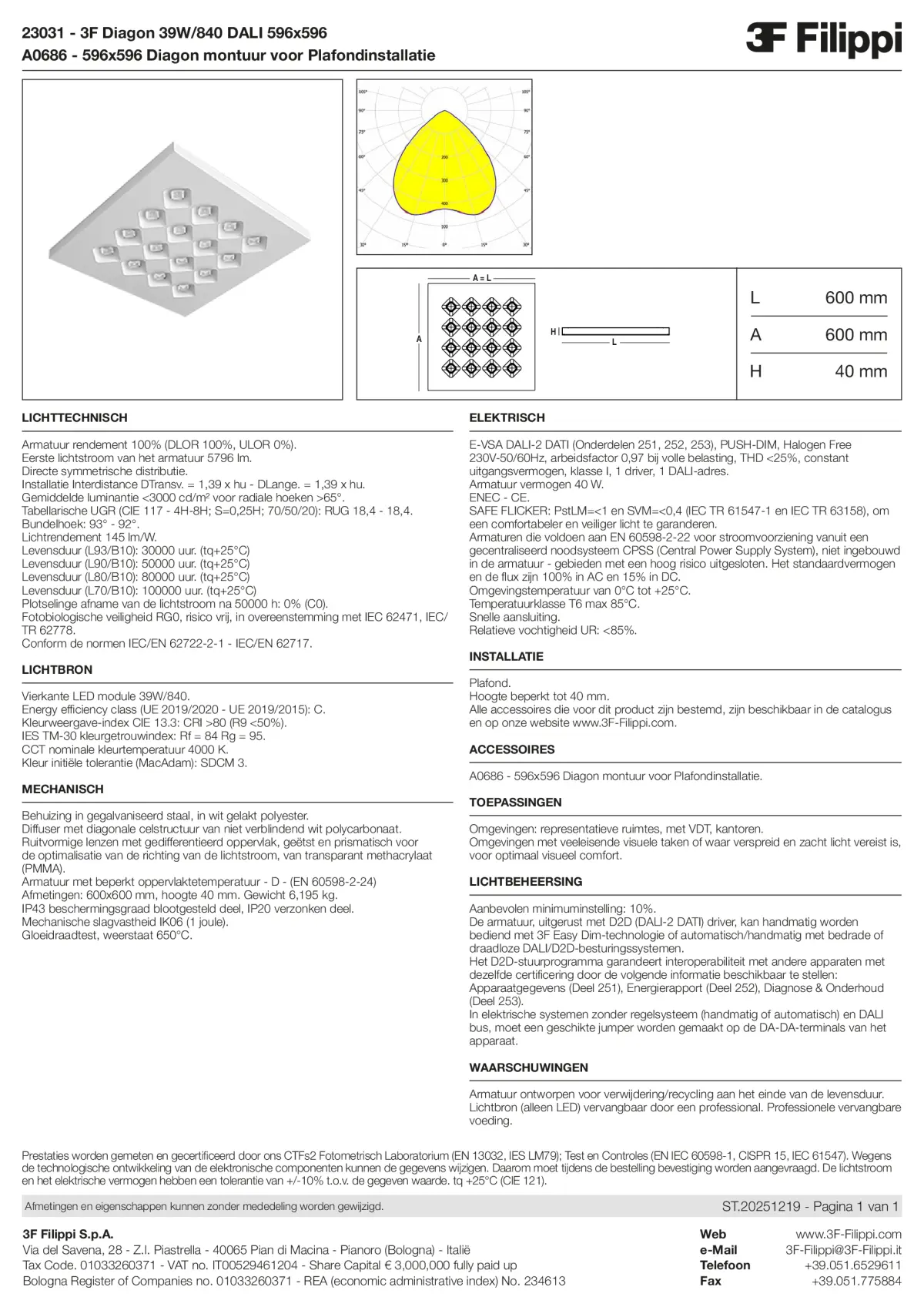 23031+A0686 - 3F Diagon 39W-840 DALI 596x596 + Corn.plaf. - Datasheet - nl
