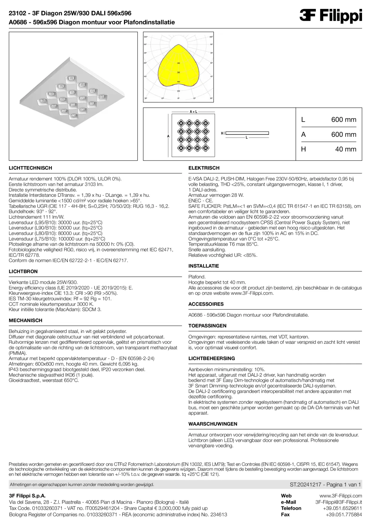 23102+A0686 - 3F Diagon 25W-930 DALI 596x596 + Corn.plaf. - Datasheet - nl