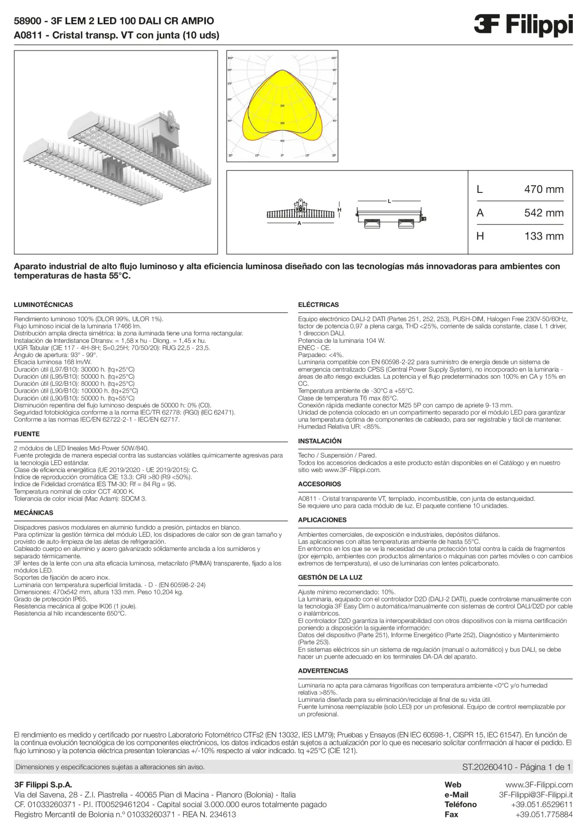 58900+A0811 - 3F LEM 2 LED 100 DALI CR AMPIO + VT - Datasheet - es