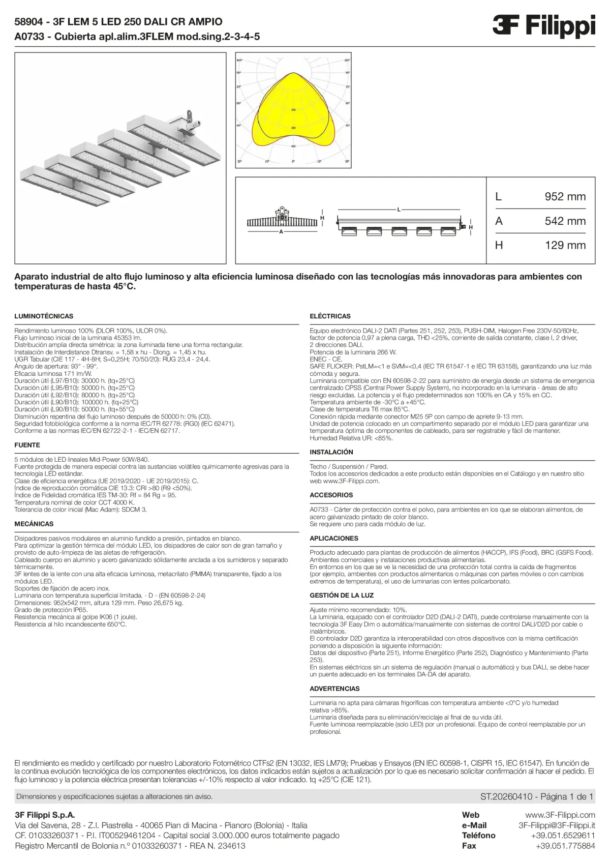 58904+A0733 - 3F LEM 5 LED 250 DALI CR AMPIO + FOOD - Datasheet - es