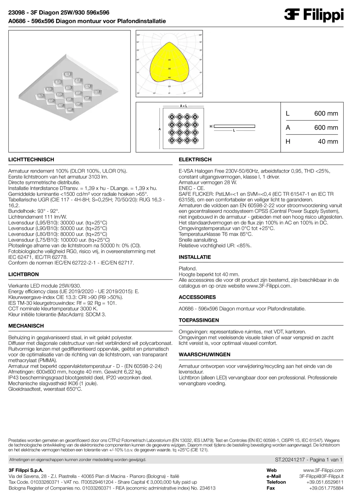 23098+A0686 - 3F Diagon 25W-930 596x596 + Corn.plaf. - Datasheet - nl