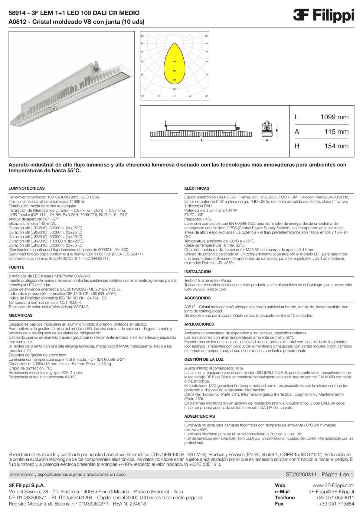 58914+A0812 - 3F LEM 1+1 LED 100 DALI CR MEDIO + VS - Datasheet - es
