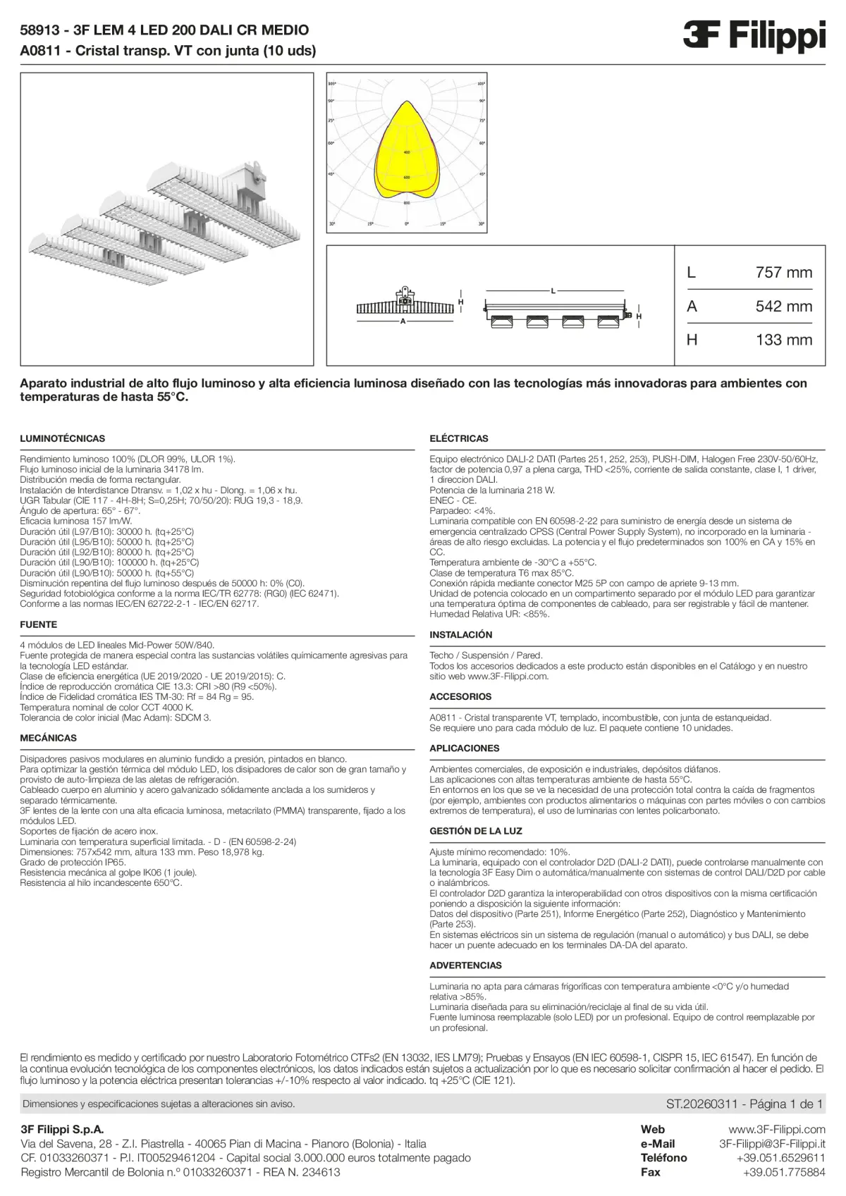 58913+A0811 - 3F LEM 4 LED 200 DALI CR MEDIO + VT - Datasheet - es