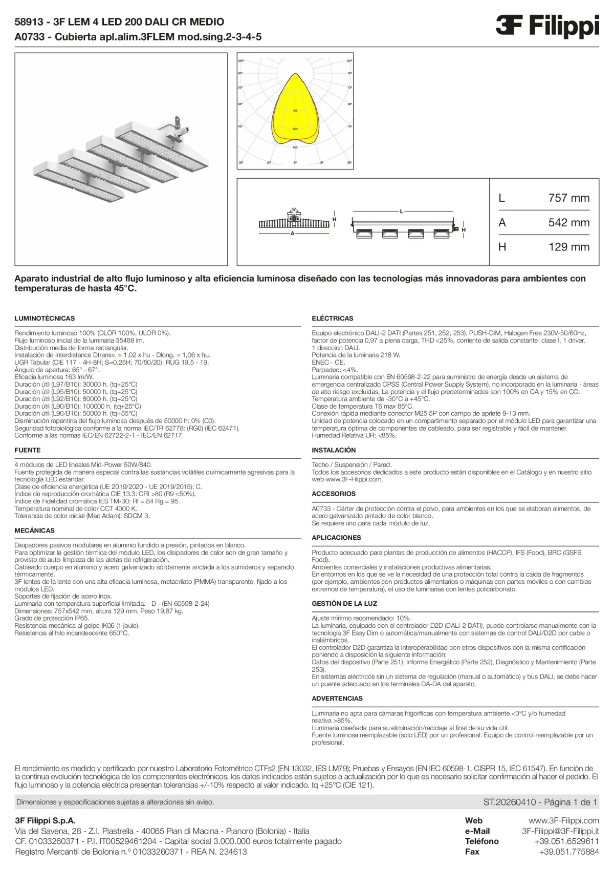 58913+A0733 - 3F LEM 4 LED 200 DALI CR MEDIO + FOOD - Datasheet - es