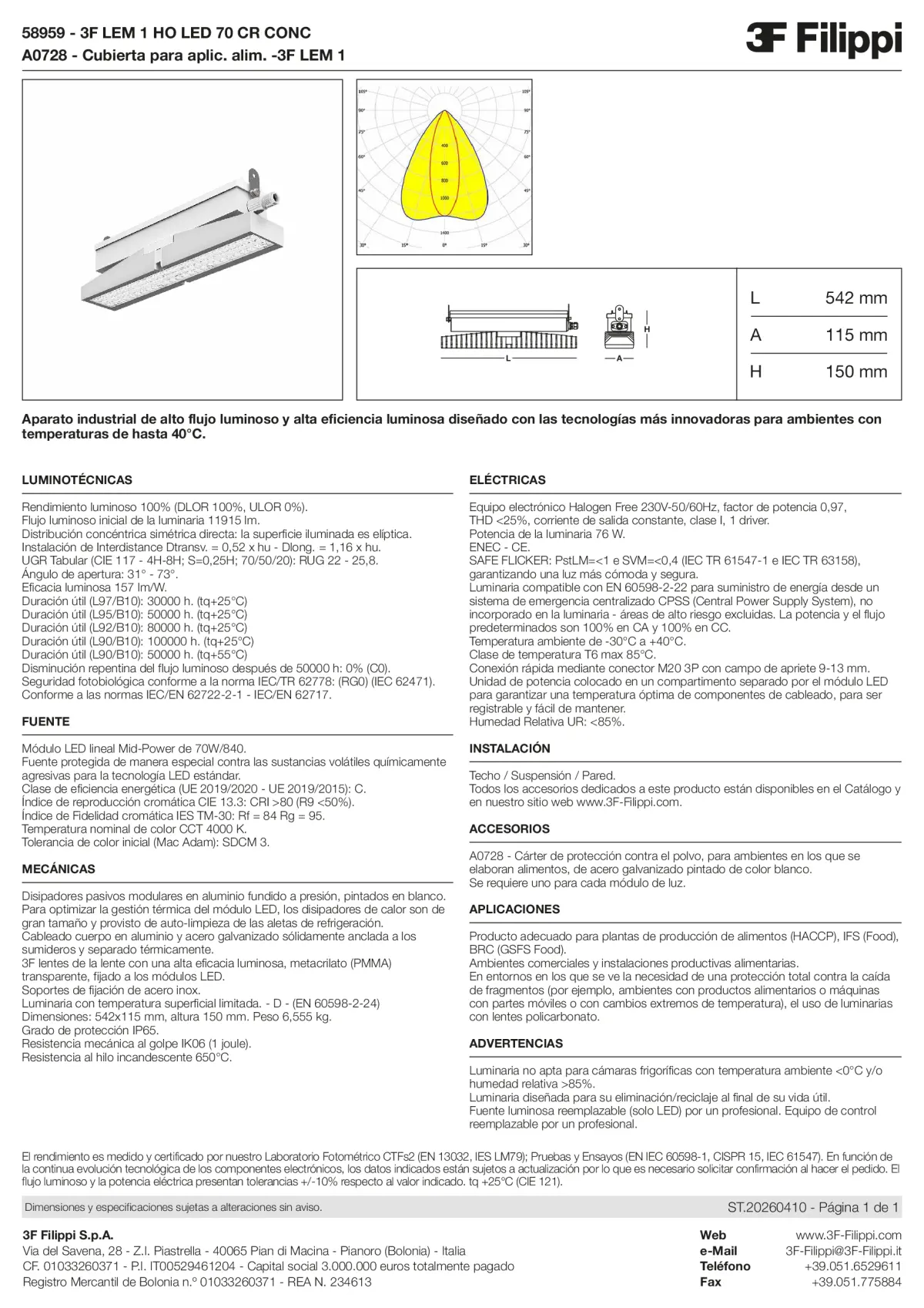 58959+A0728 - 3F LEM 1 HO LED 70 CR CONC + FOOD - Datasheet - es