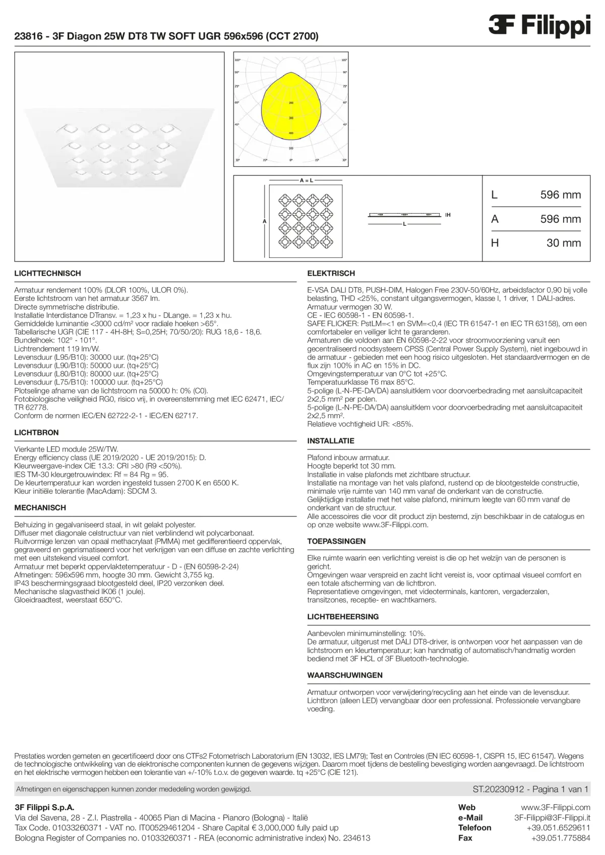 23816 - 3F Diagon 25W DT8 TW SOFT UGR 596x596 (CCT 2700) - Datasheet - nl