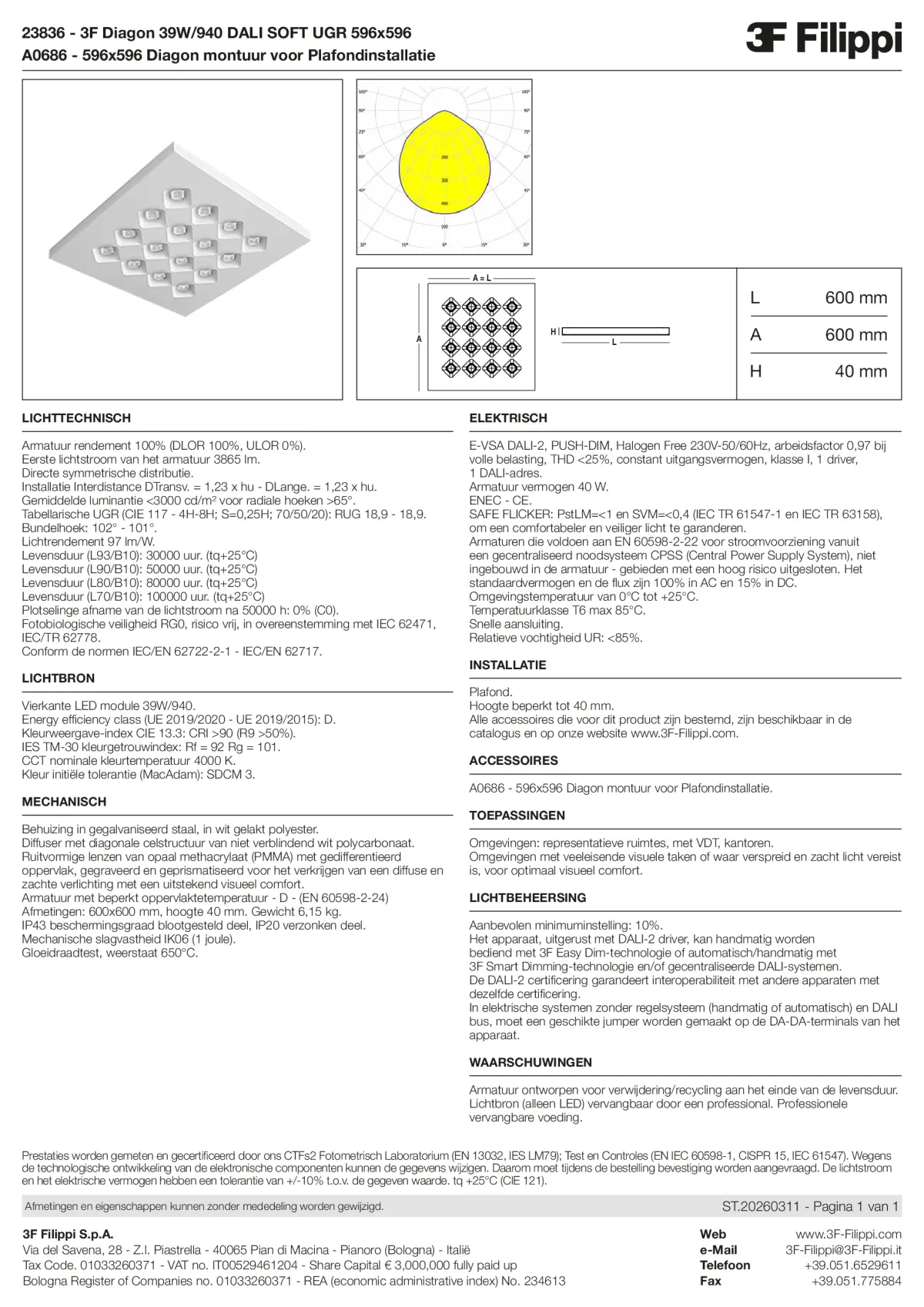 23836+A0686 - 3F Diagon 39W-940 DALI SOFT UGR 596x596 + Corn.plaf. - Datasheet - nl