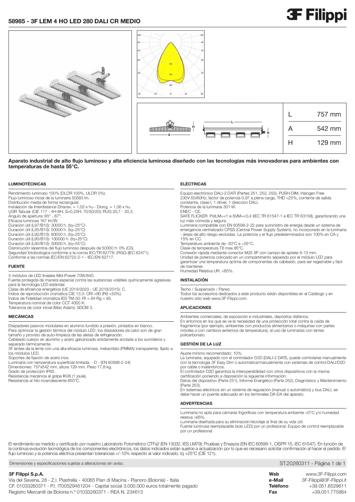 58985 - 3F LEM 4 HO LED 280 DALI CR MEDIO - Datasheet - es