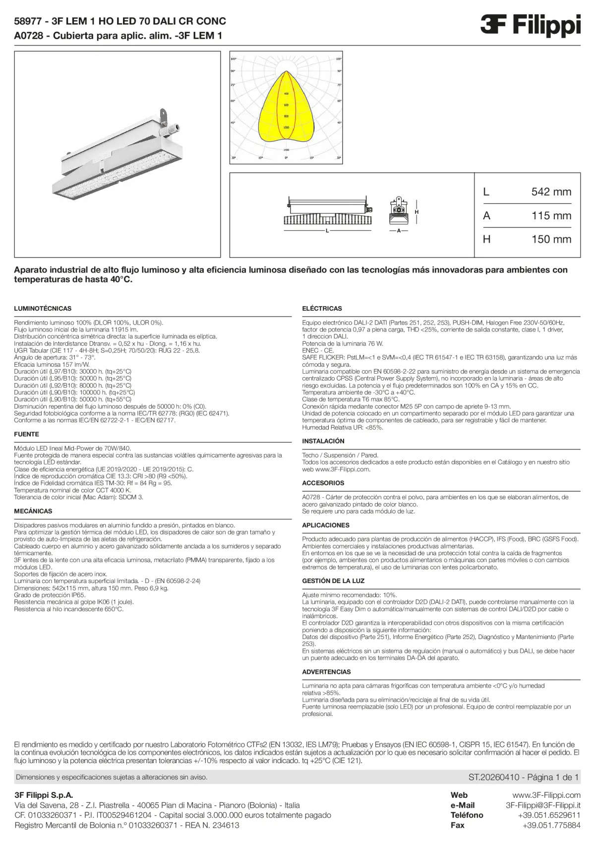 58977+A0728 - 3F LEM 1 HO LED 70 DALI CR CONC + FOOD - Datasheet - es