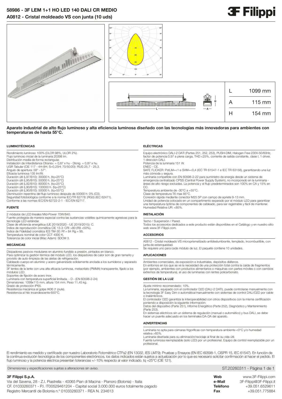 58986+A0812 - 3F LEM 1+1 HO LED 140 DALI CR MEDIO + VS - Datasheet - es