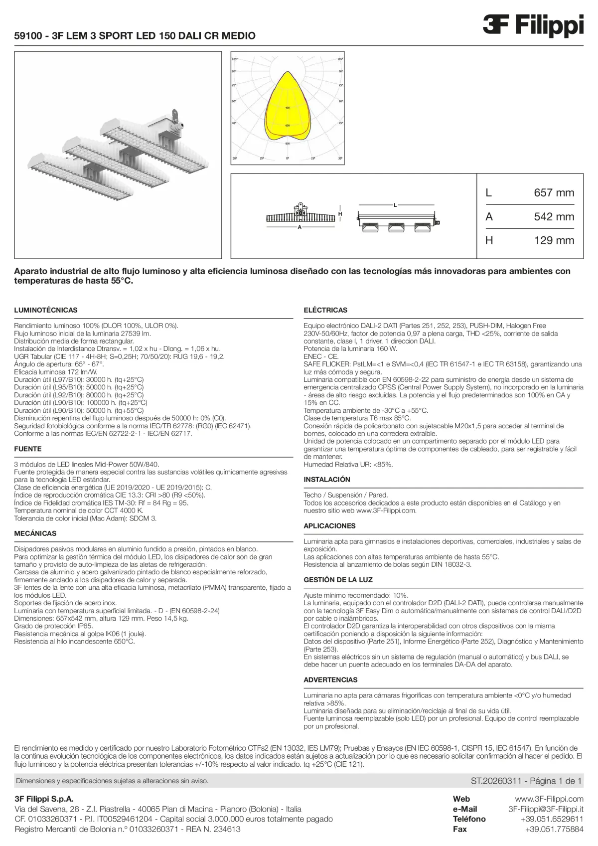 59100 - 3F LEM 3 SPORT LED 150 DALI CR MEDIO - Datasheet - es