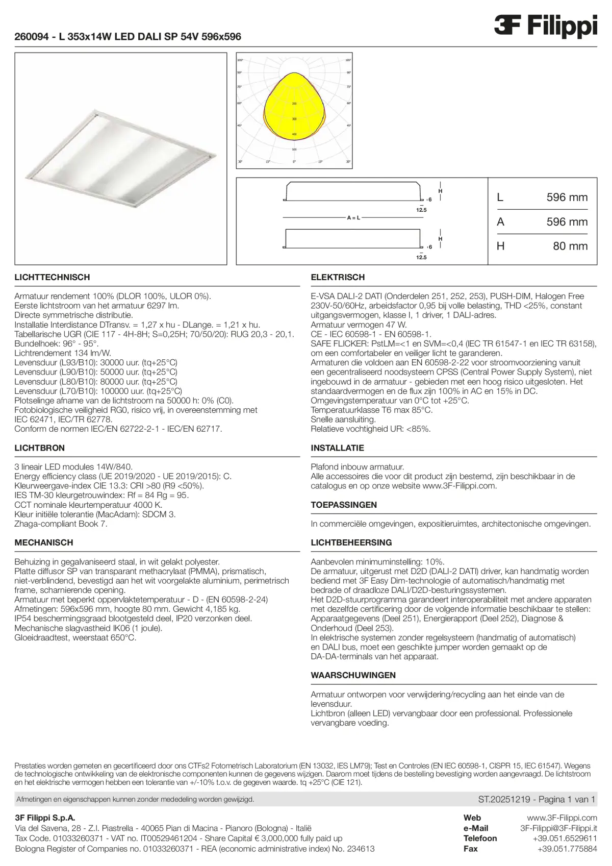 260094 - L 353x14W LED DALI SP 54V 596x596 - Datasheet - nl